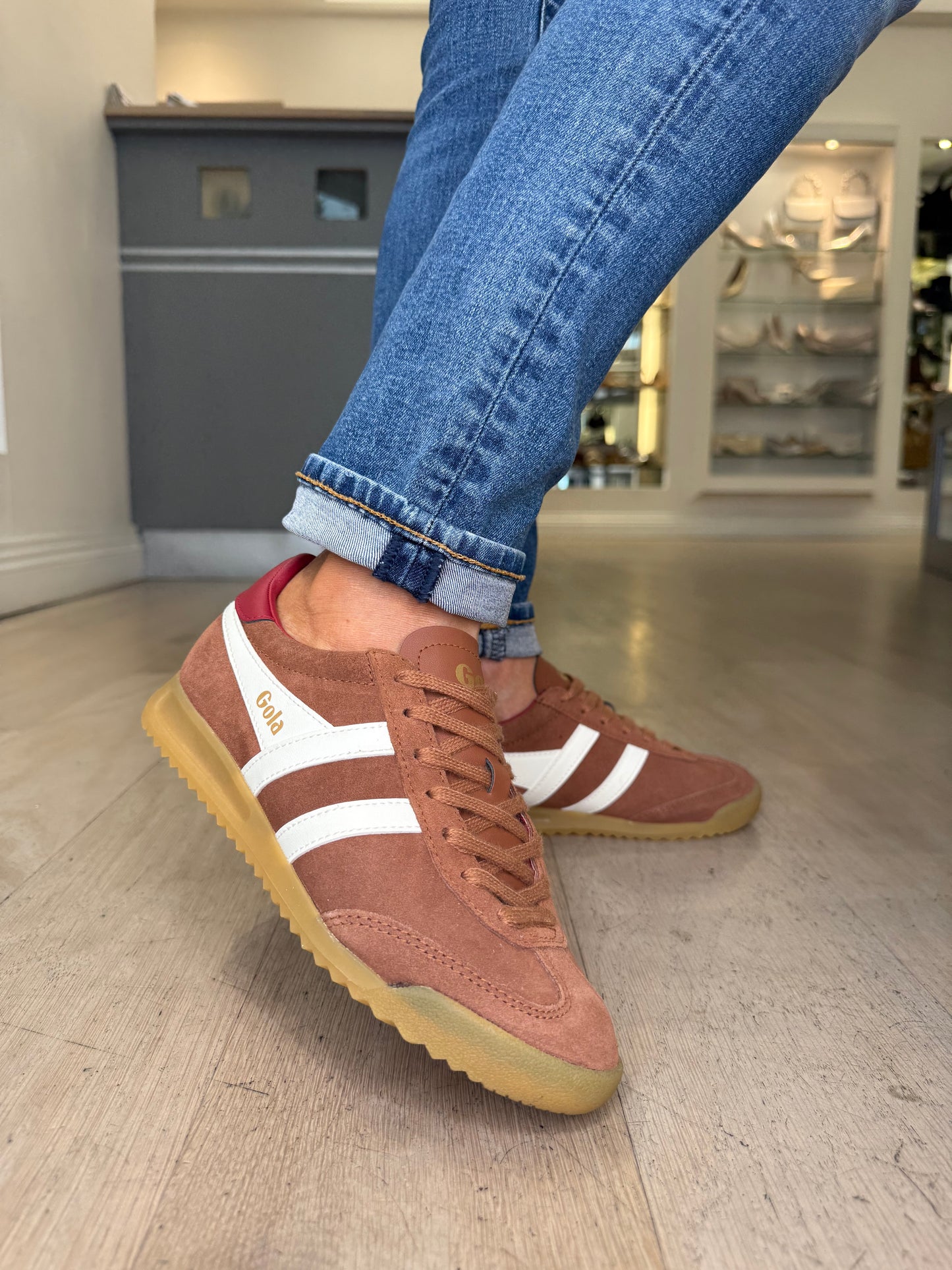 Gola -Torpedo Chestnut Suede Trainer With White & Red Trim