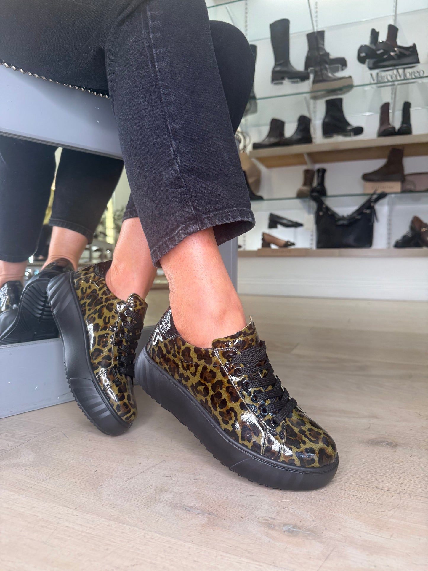 Ara - Monaco Green & Black Leopard Print Flatform Trainer