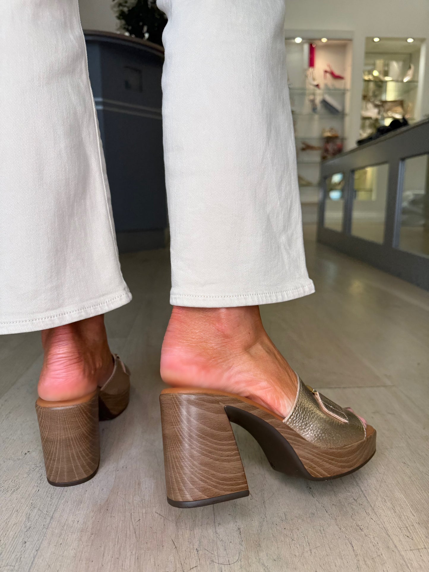 Oh My Sandals -Soft Metallic Bronze Block Heel Mule With Platform Sole