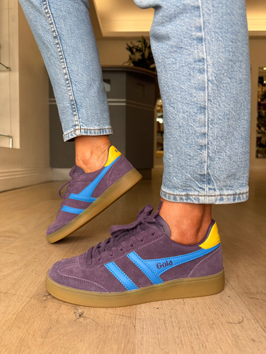 Gola = Viper Plum Suede Trainer With Blue & Mustard Trim
