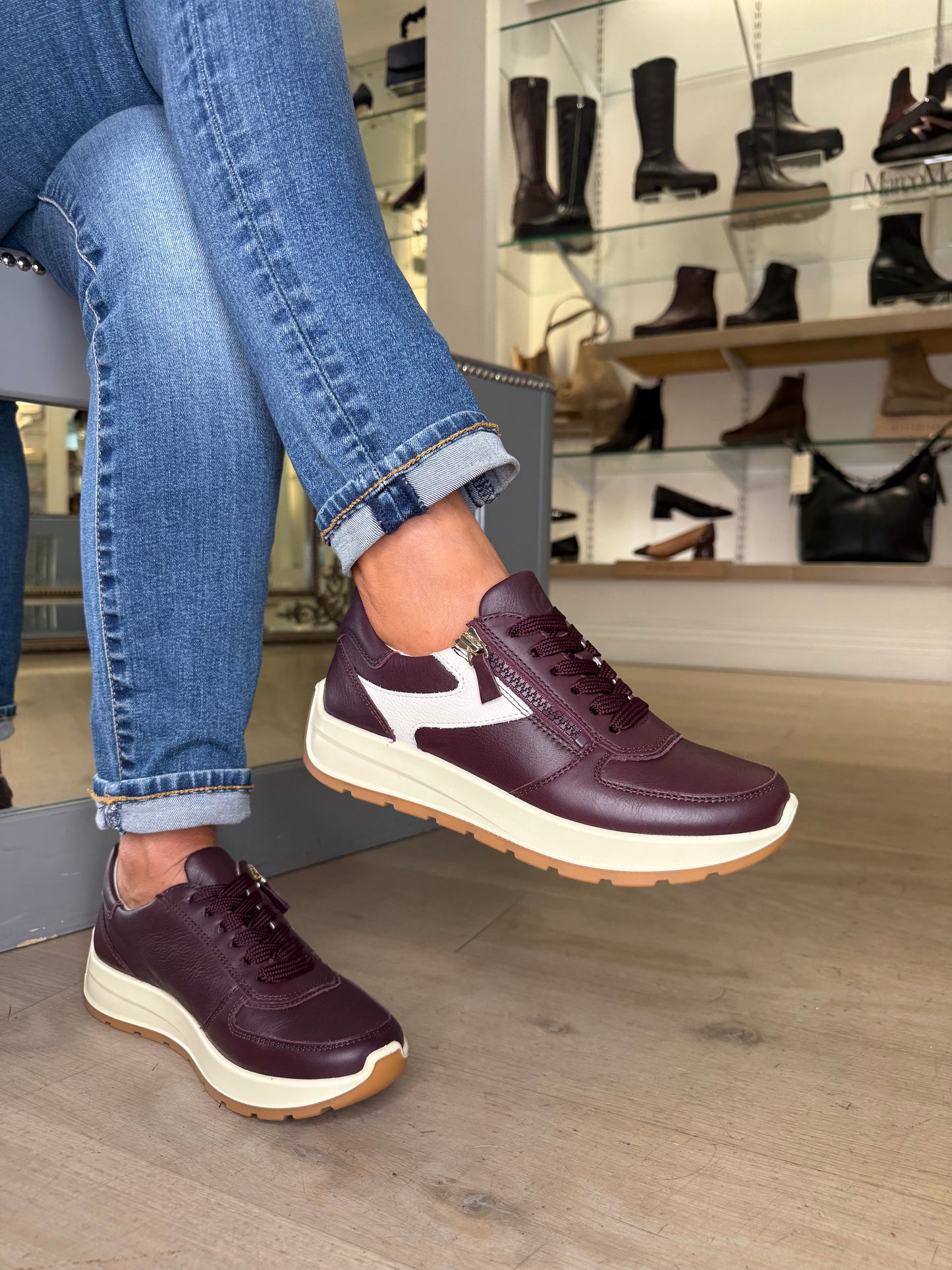Ara - New York Merlot Leather Side Zip Trainer With White Trim & Cream Sole