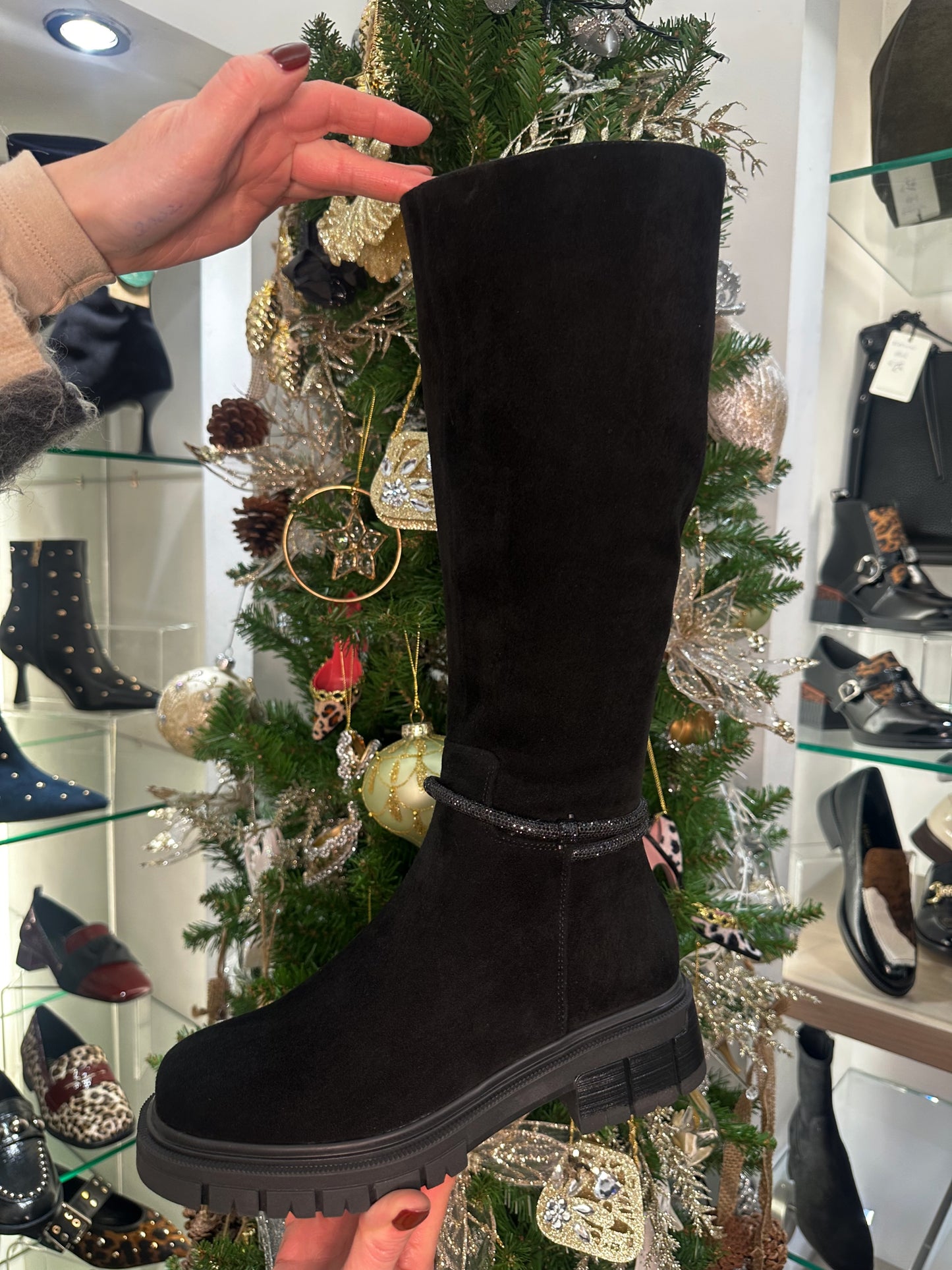 Loretta Vitale - Long Black Suede Chunky Boot With Decorative Strap Detail