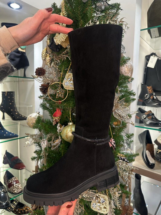 Loretta Vitale - Long Black Suede Chunky Boot With Decorative Strap Detail