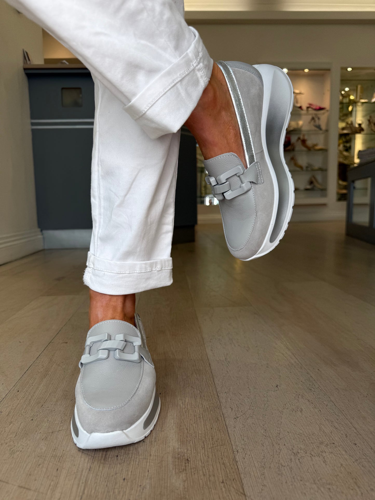 Callaghan - Soft Grey Leather & Suede Mix Slip On Shoe With Metallic Grey Trim