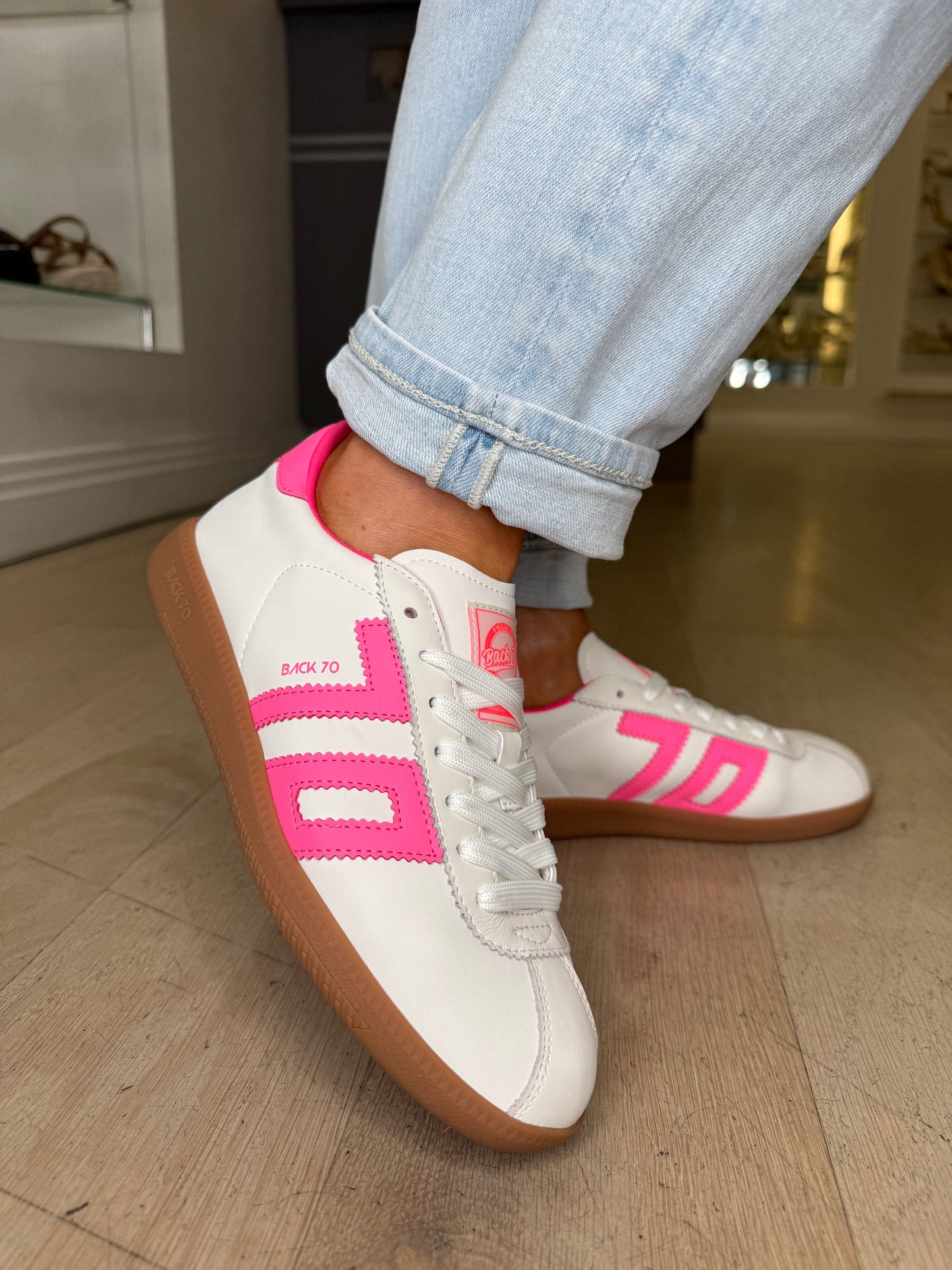 Back 70 -White Leather Trainer With Fluorescent Pink Trim