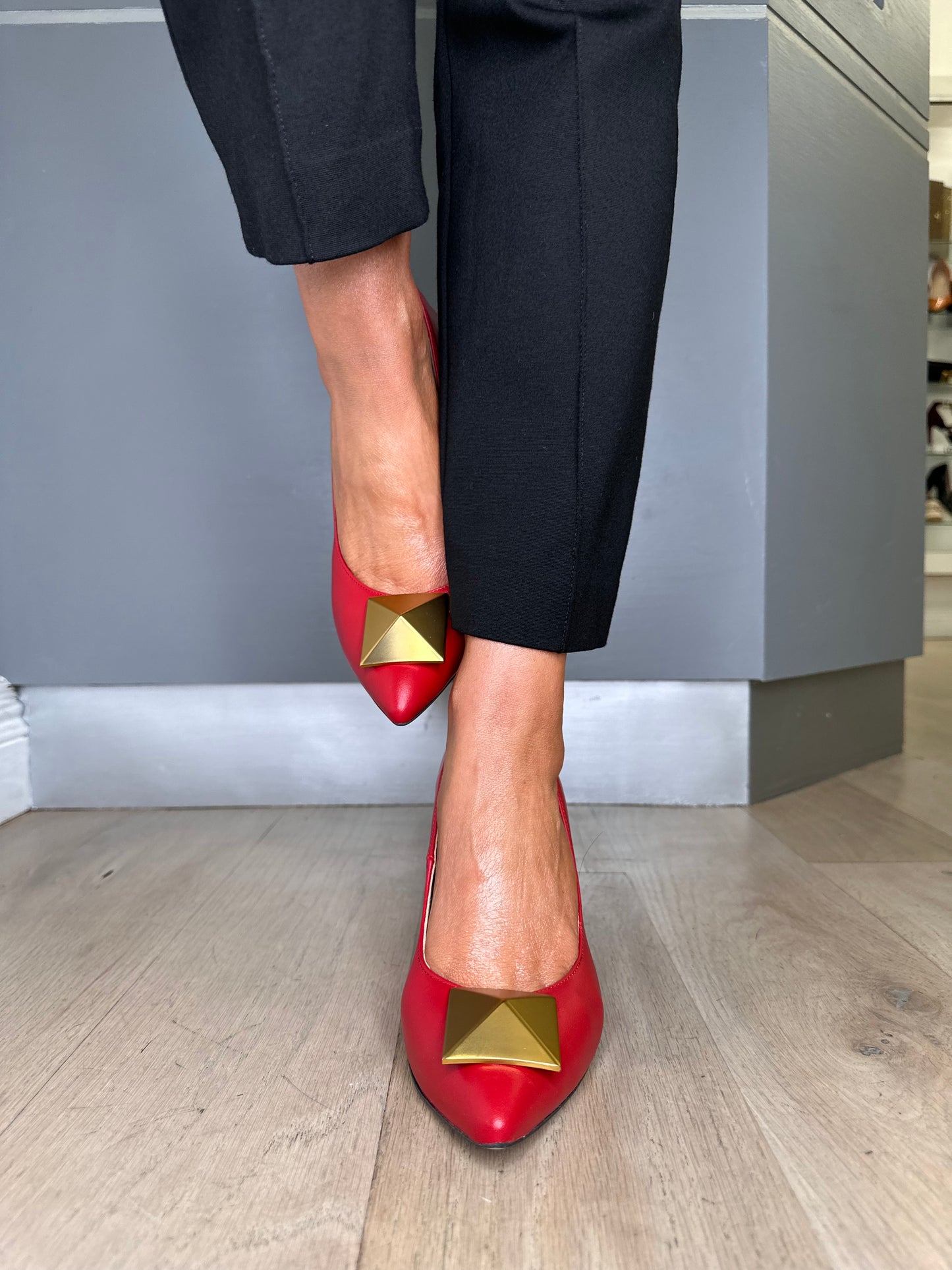 Emis -Blood Red High Pointy Toe Court Shoe With Matt Gold Trim