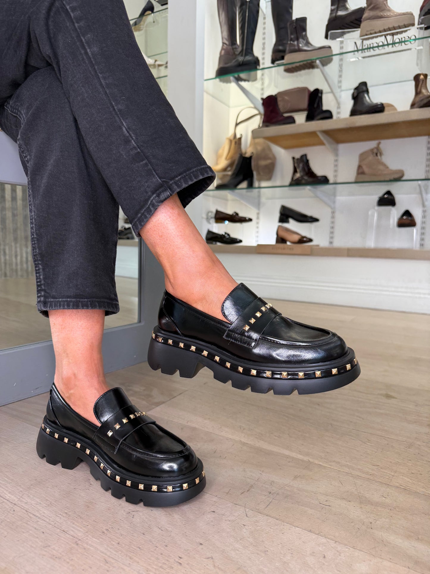 Lodi - Black Nappa Leather Chunky Sole Loafer With Gold Stud Trim Detail