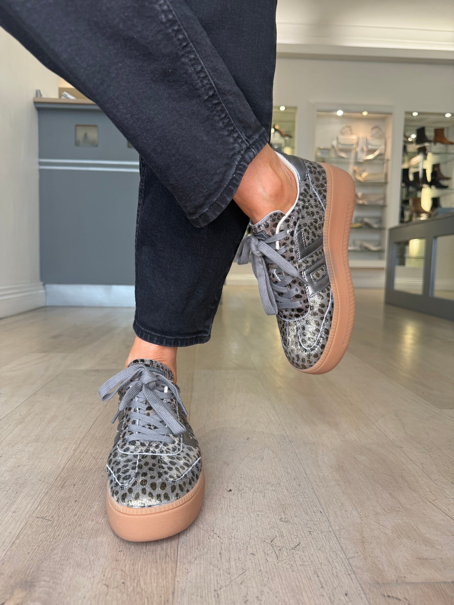 Back 70 - Cheetah Print Lace Up Gunmetal Flatform Trainer