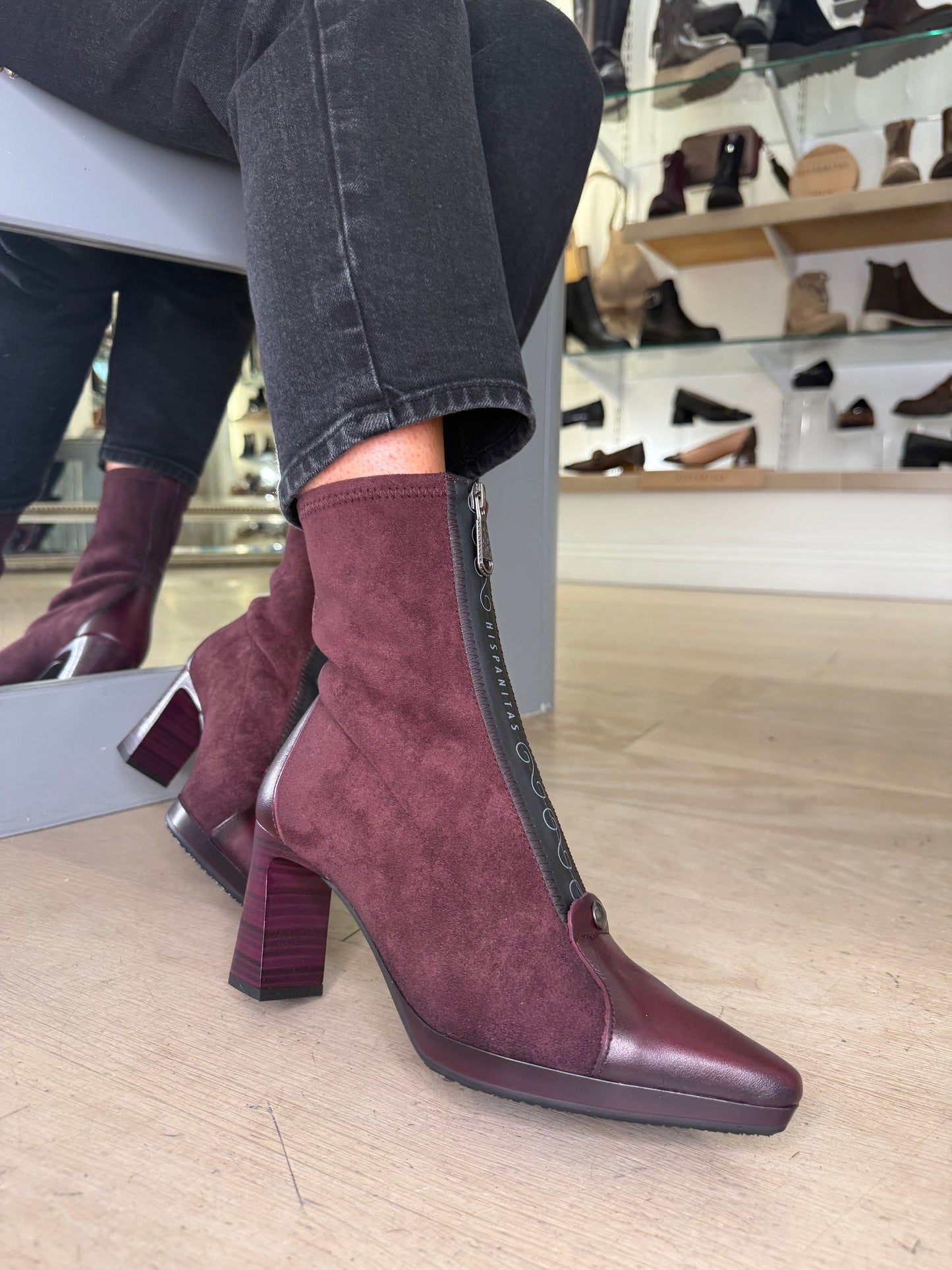 Hispanitas - Wine Suede & Leather Mix Front Zip Sock Boot