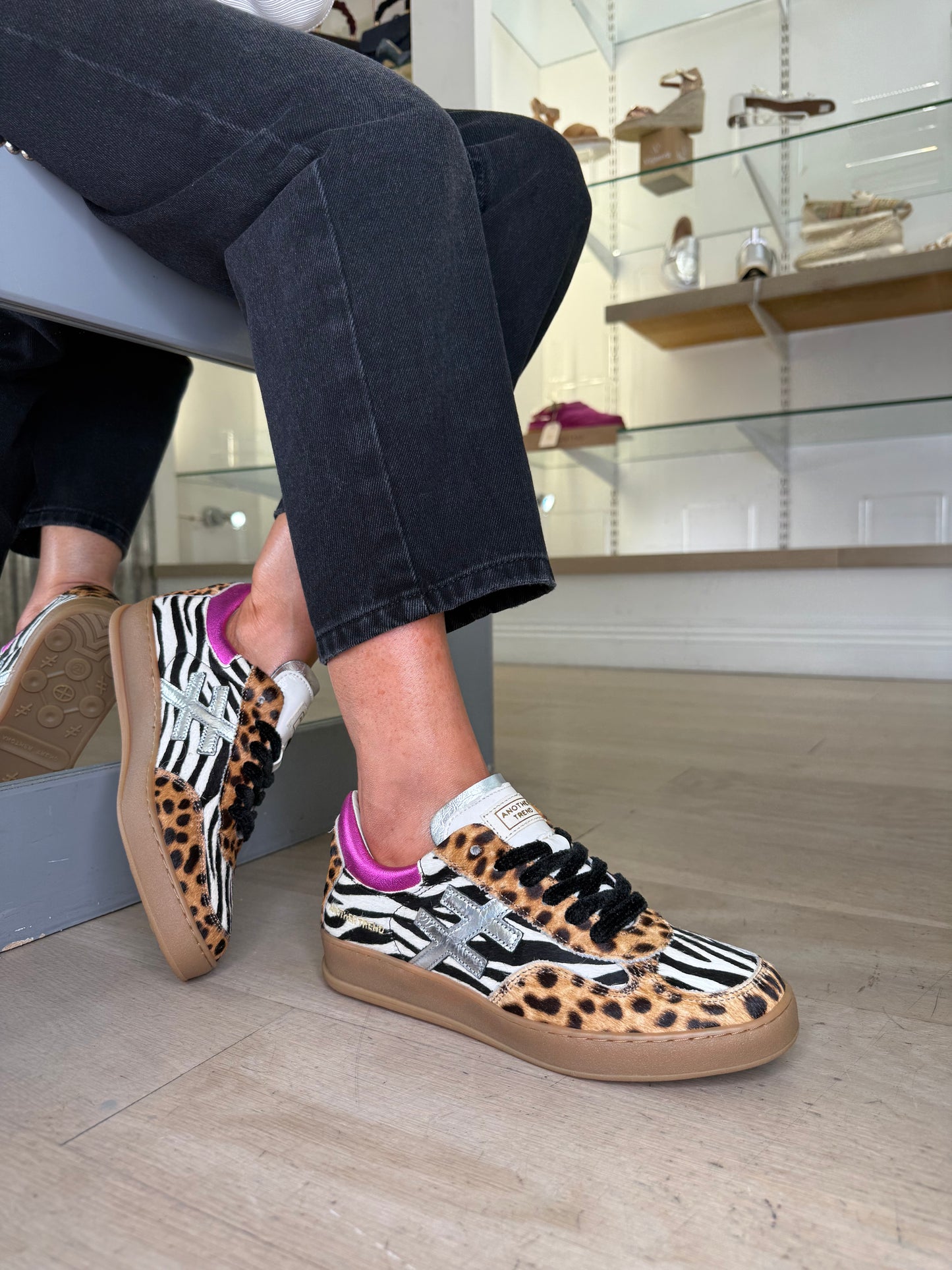 Another Trend -Multi Mix Animal Print Trainer With Hot Pink Trim