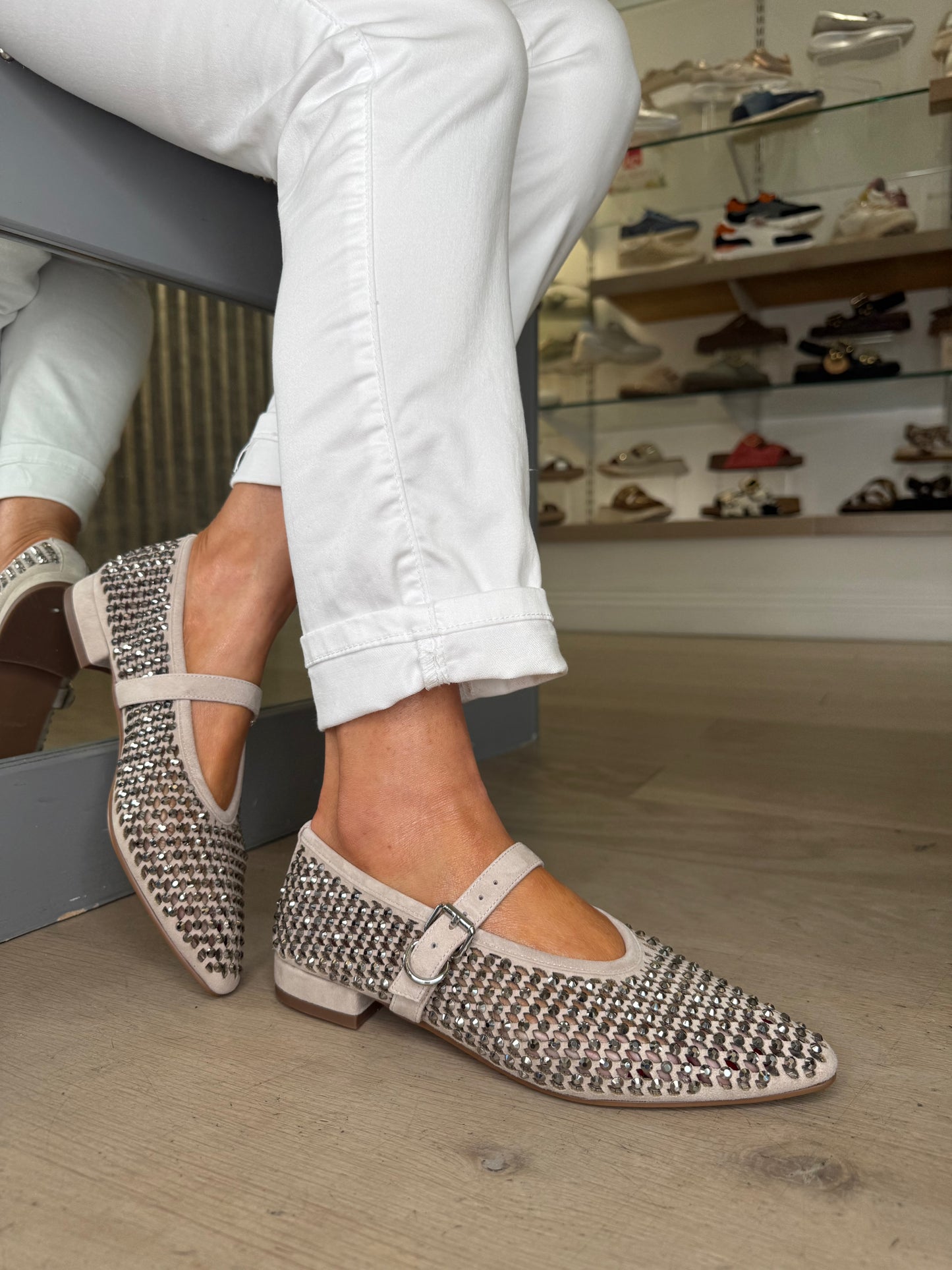 Pedro Anton (By Marian) - Soft Mink Suede Pointy Toe Diamante Mary Jane Pomp Shoe