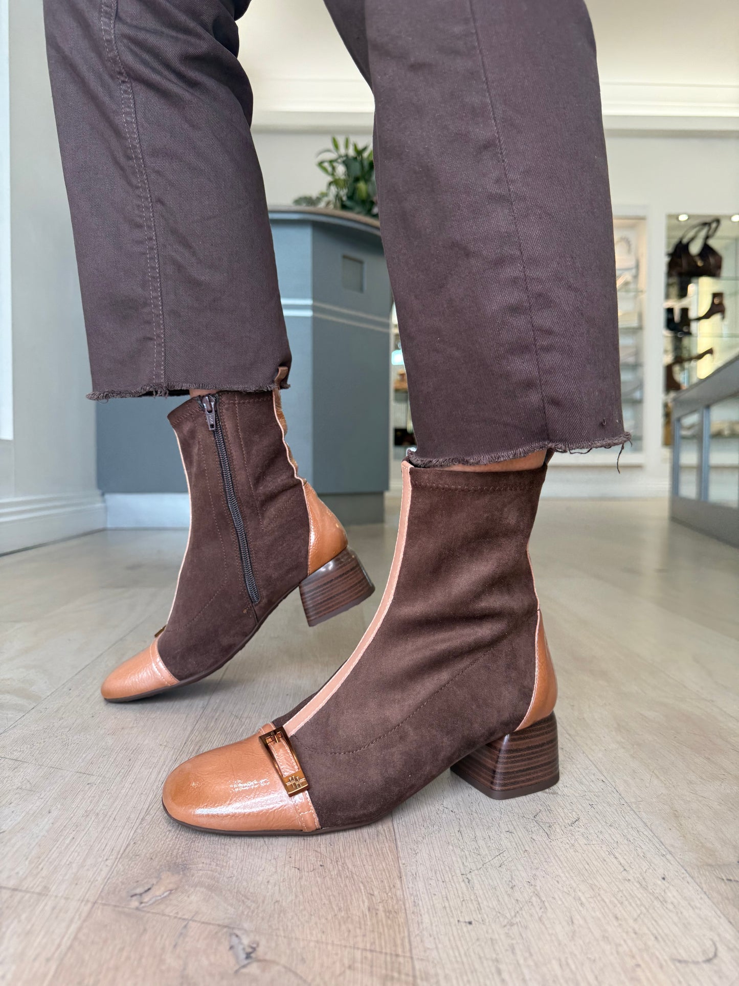 Hispanitas - Rich Brown Suede Boot With Almond Patent Leather Trim