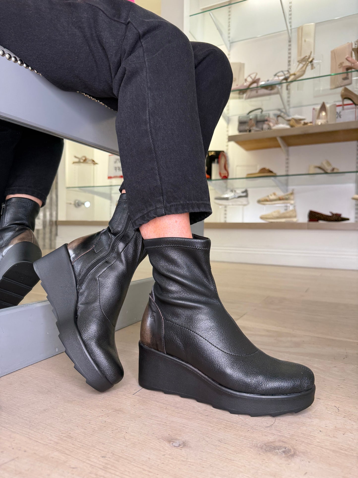 Jose Saenz -Black Stretch Leather Wedge Boot With Soft Bronze & Camel Trim