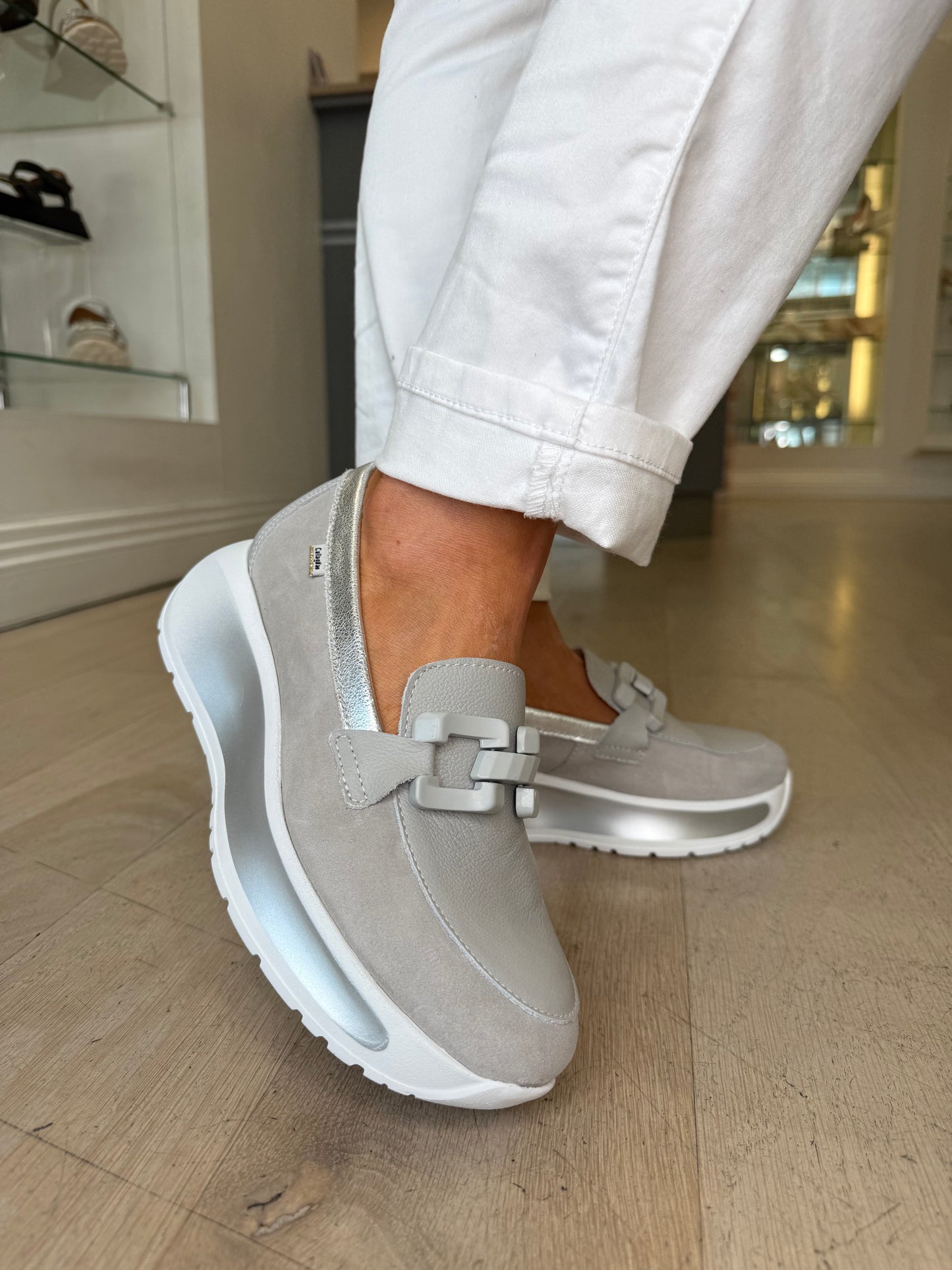 Callaghan - Soft Grey Leather & Suede Mix Slip On Shoe With Metallic Grey Trim