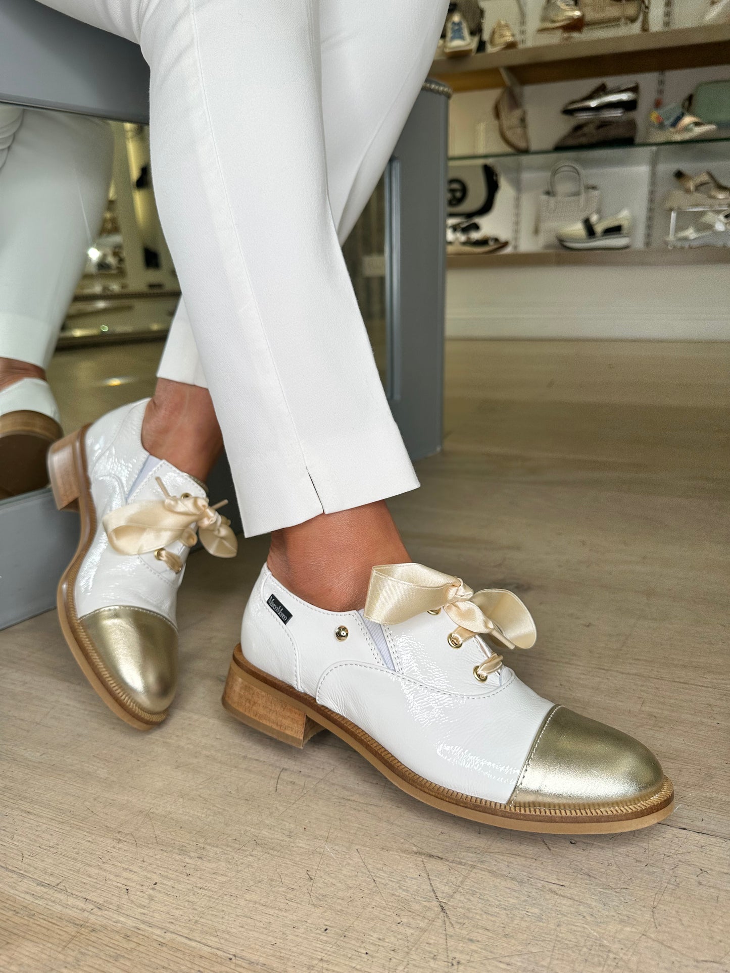 Marco Moreo - White Flexy Patent Leather Brogue With Satin Lace & Gold Trim