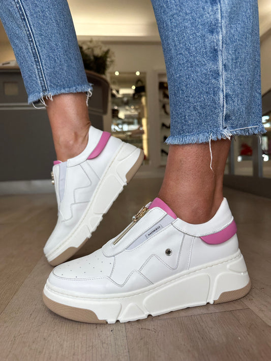 Marco Moreo - Stacy White Leather Trainer With Barbie Pink Trim