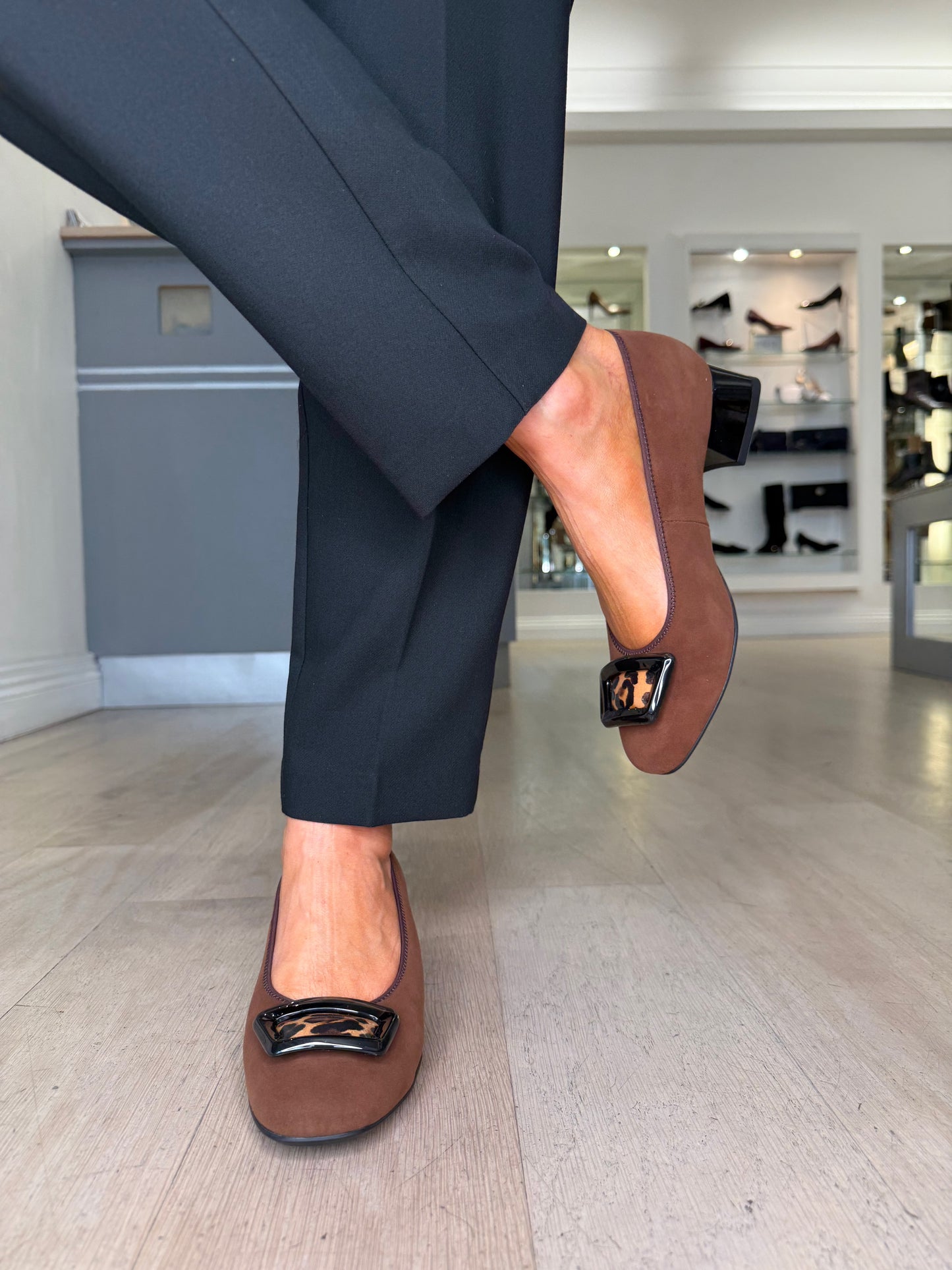 Ara - Chestnut Suede Pomp Style Shoe With Leopard Print Trim
