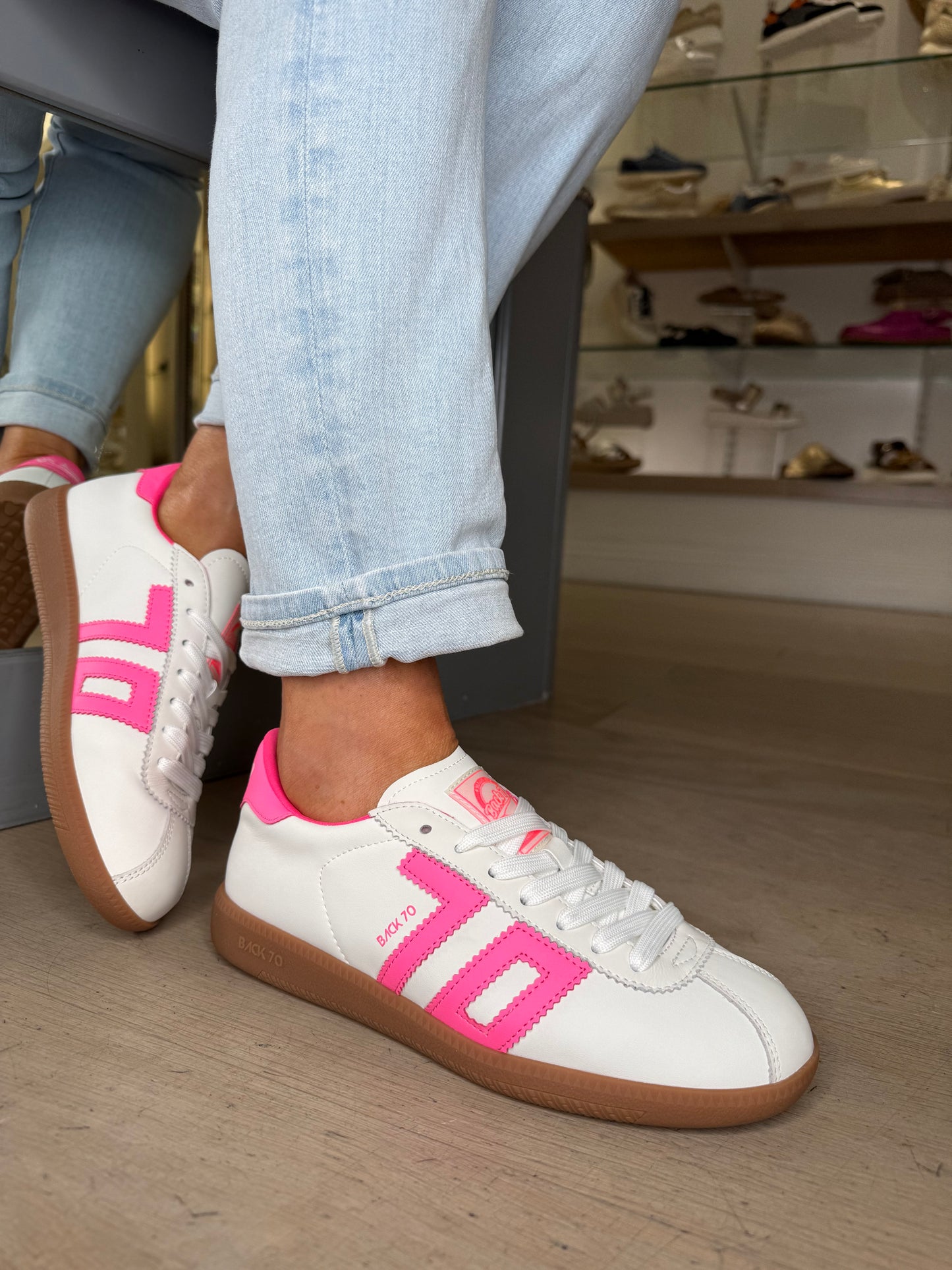 Back 70 -White Leather Trainer With Fluorescent Pink Trim