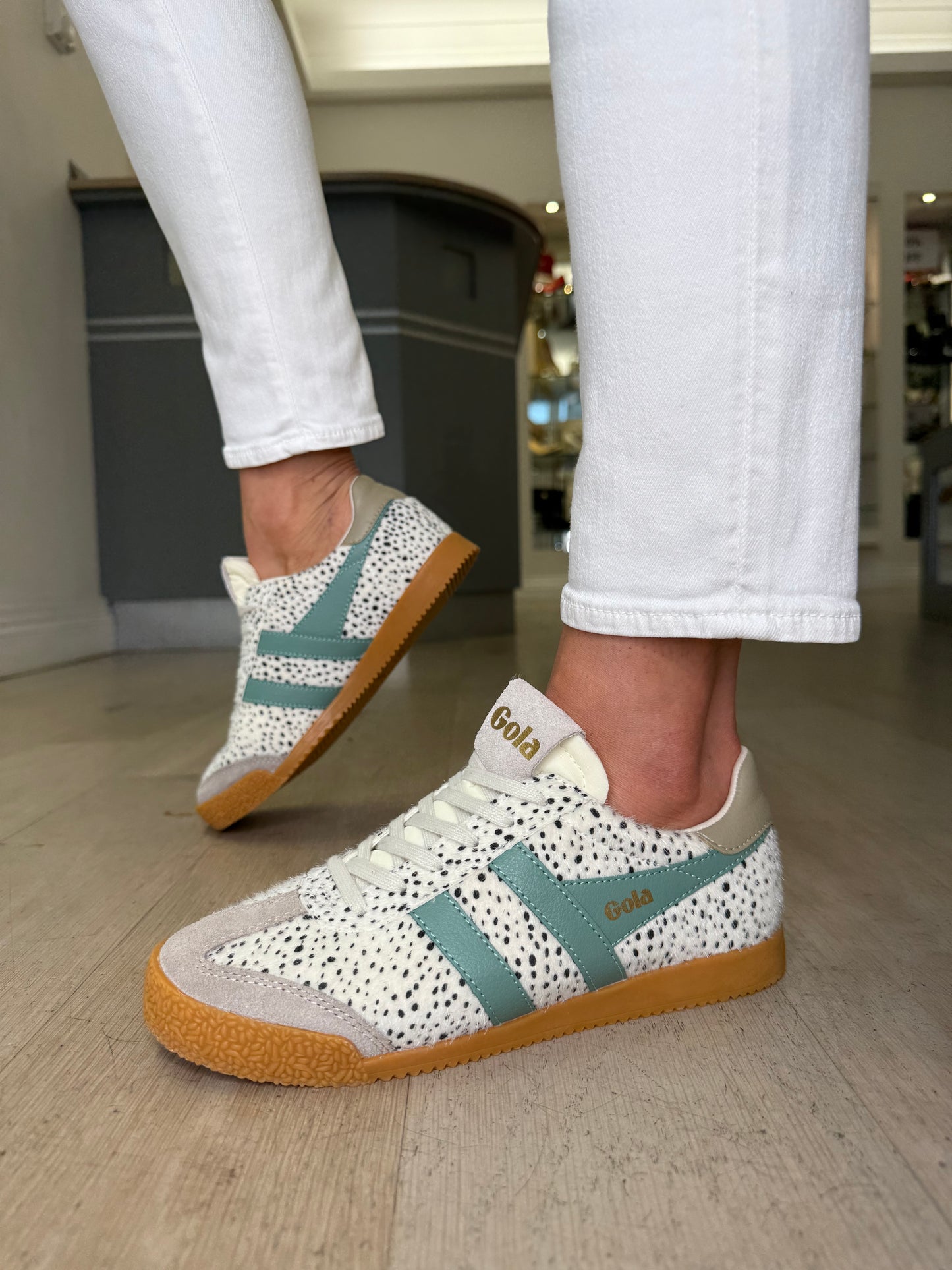Gola - Elan Cheetah Print Trainer With Feather Grey Suede & Sage Green Trim