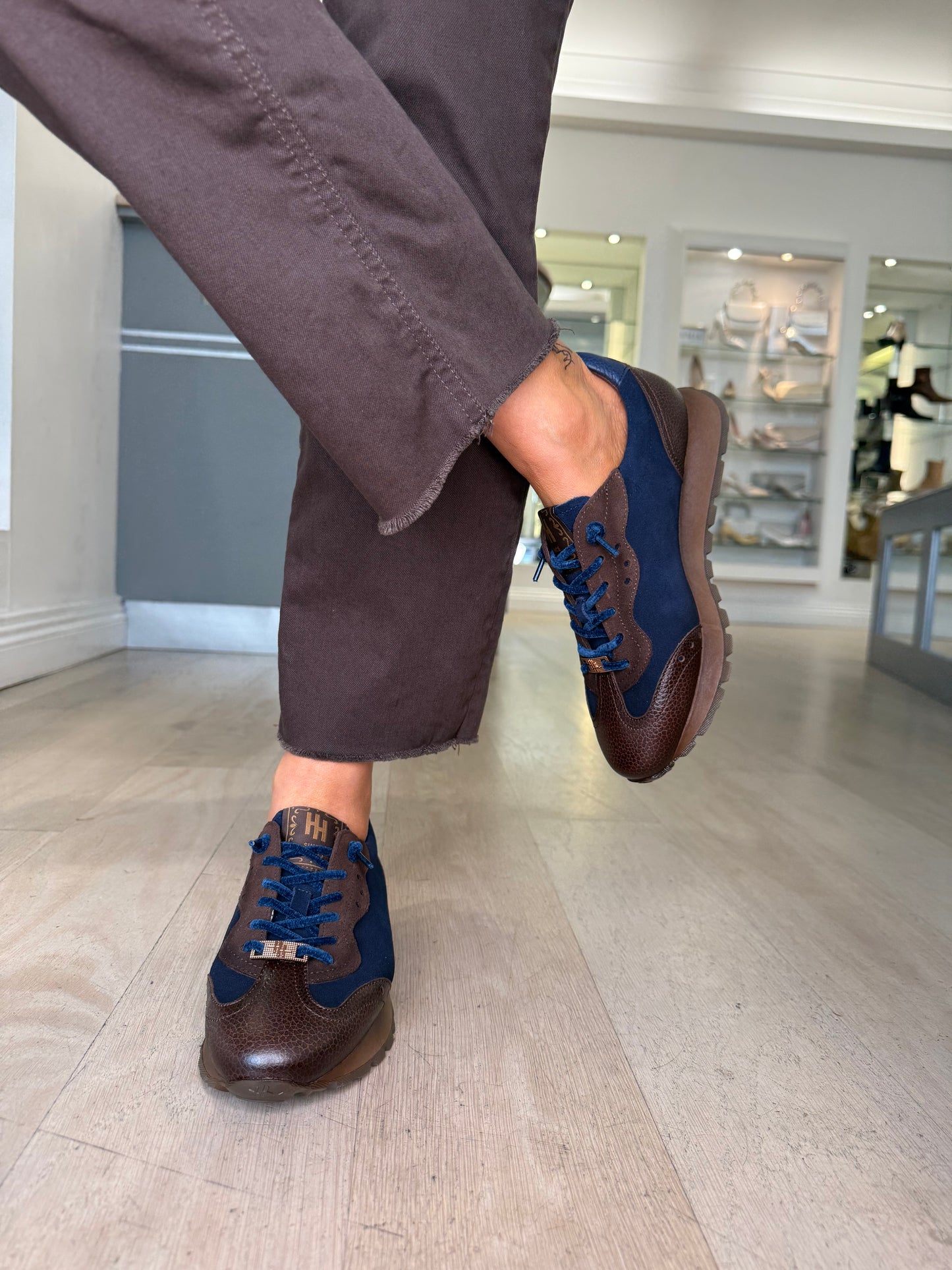Hispanitas - Rich Brown Leather/ Navy Suede Pull On Trainer