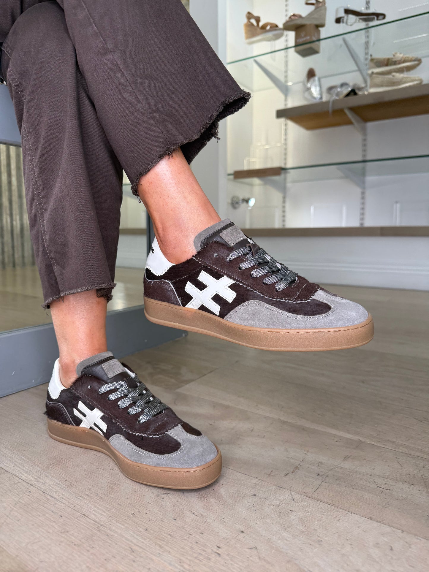 Another Trend -Chocolate Brown Pony Skin Mink Suede Mix Trainer With White Patent Trim