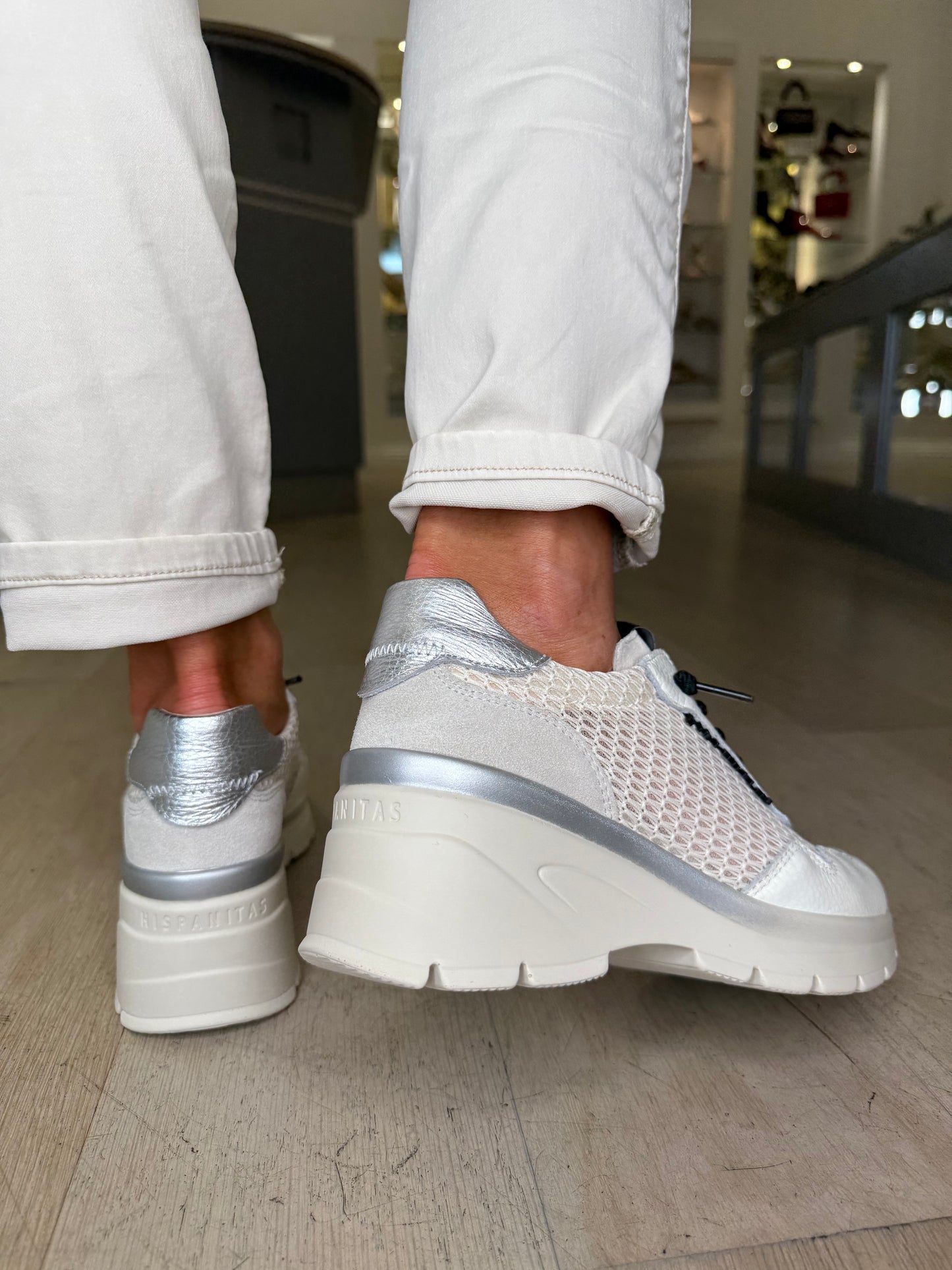 Hispanitas - White Leather Trainer With Black Lace & Silver Trim