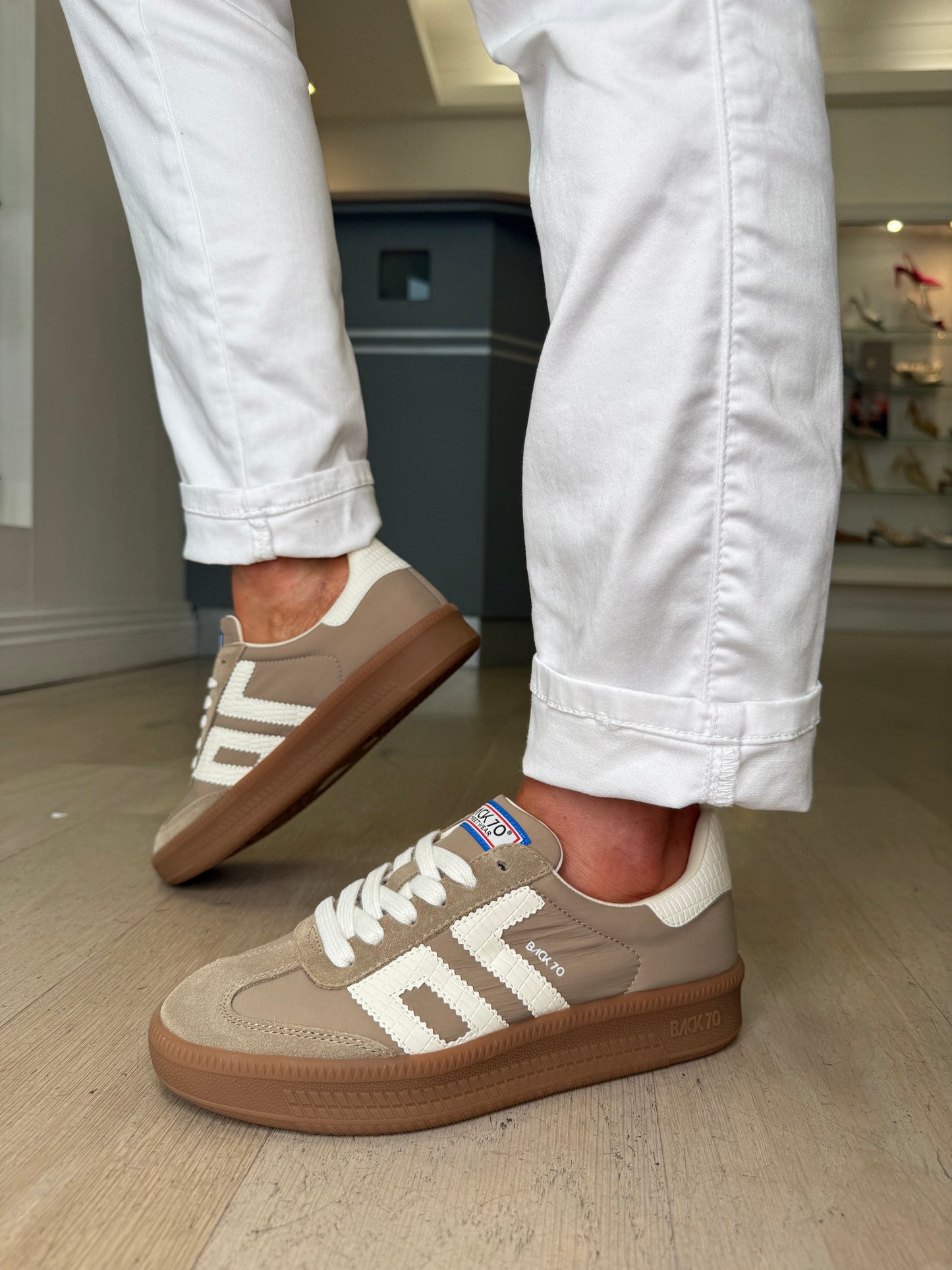 Back 70 - Taupe Suede & Fabric Mix Platform Trainer