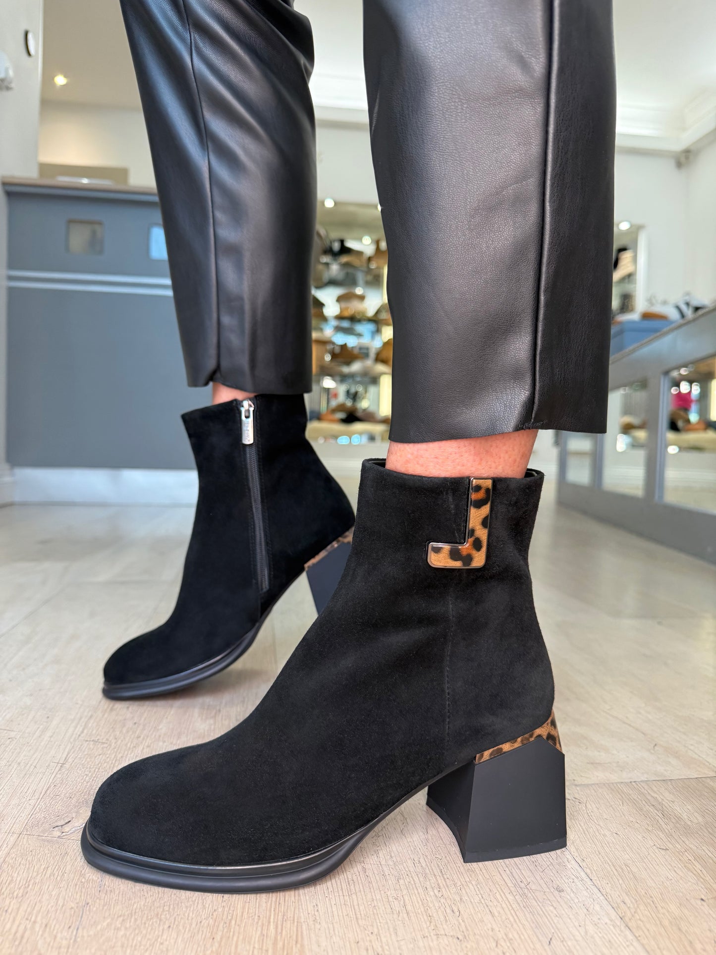 Loretta Vitale - Black Suede Block Heel Boot With Leopard Print L Trim
