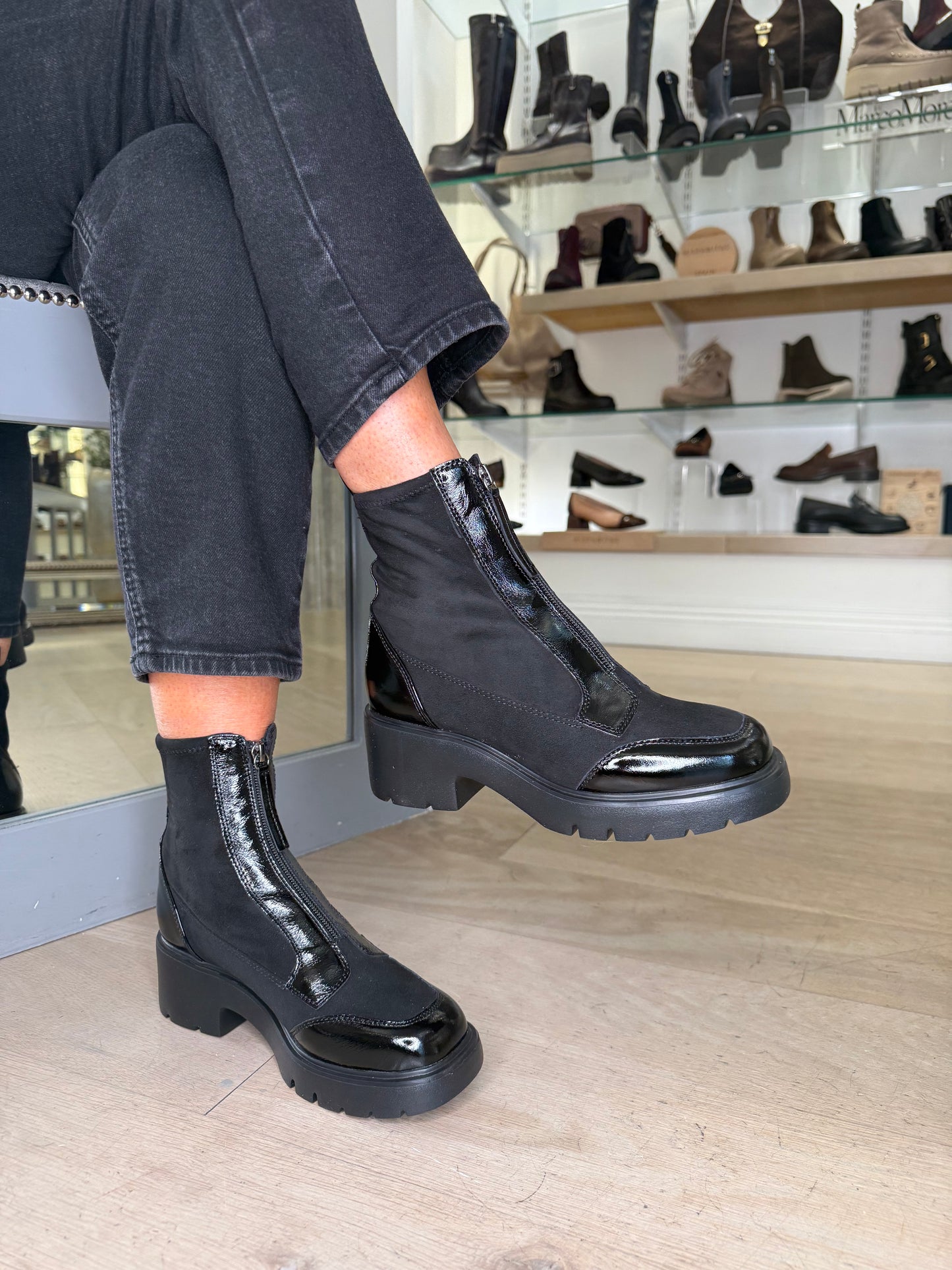 Unisa -Black Patent & Stretch Suede Mix Zip Up Boot