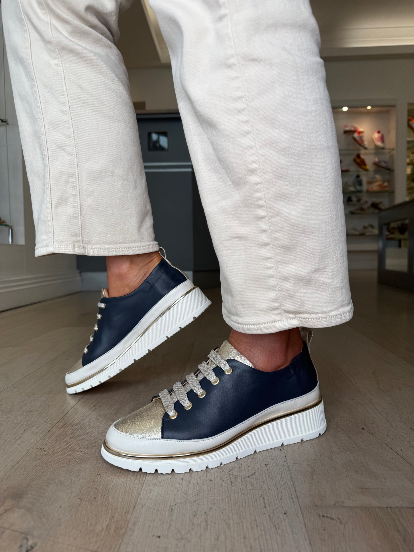 XSA - Navy & Cream Lace Up Wedge Shoe With Gold Trim