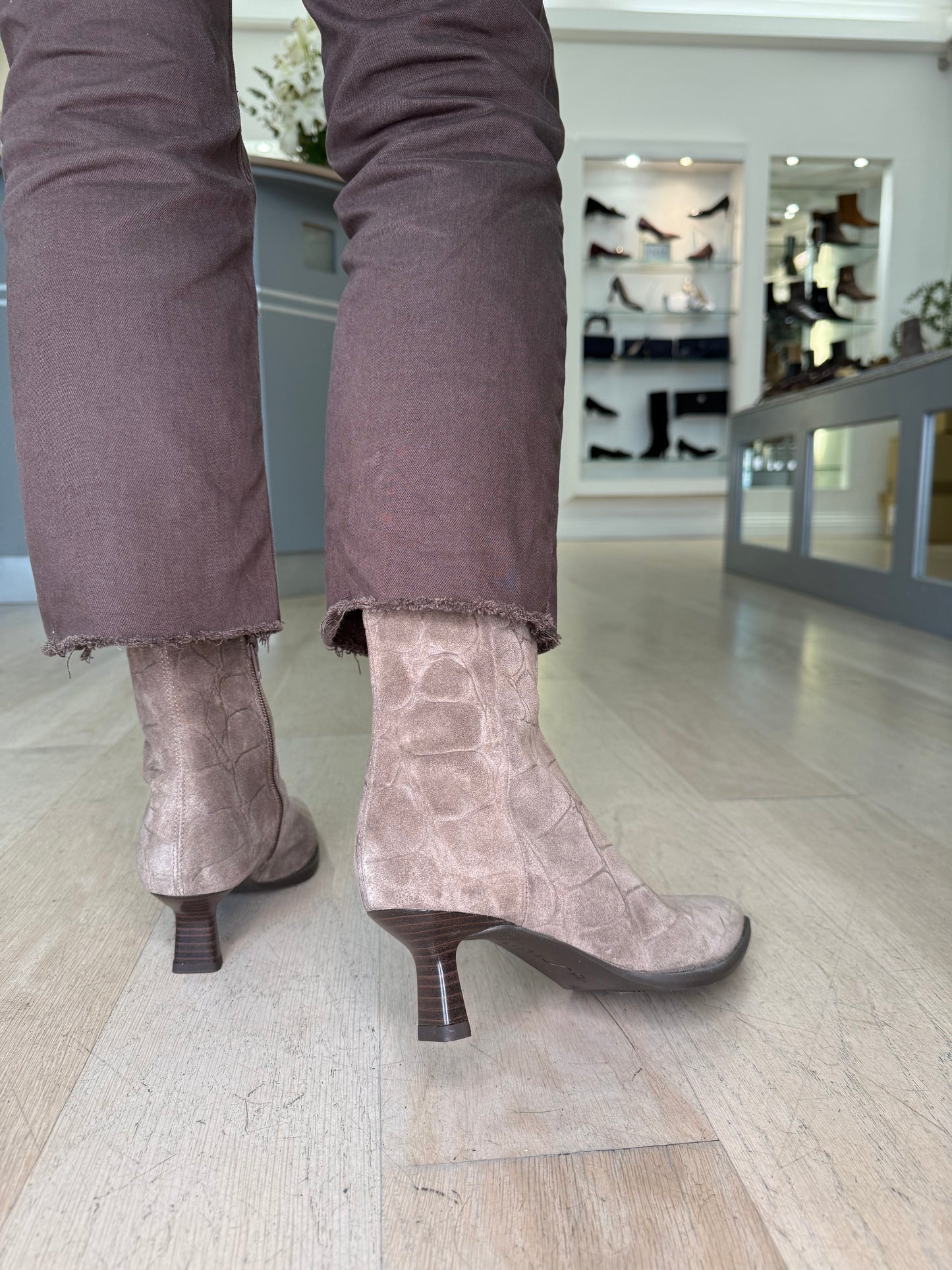 Unisa - Taupe Suede Croc Print Pointy Toe Boot