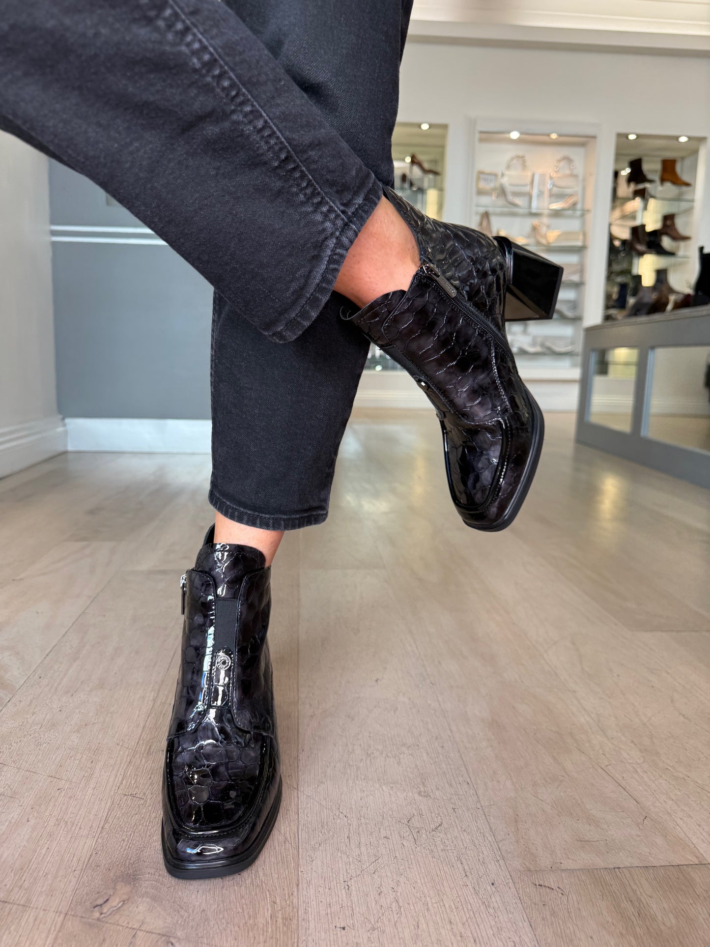 Loretta Vitale - Black/ Grey Croc Patent Square Toe Block Heel Boot