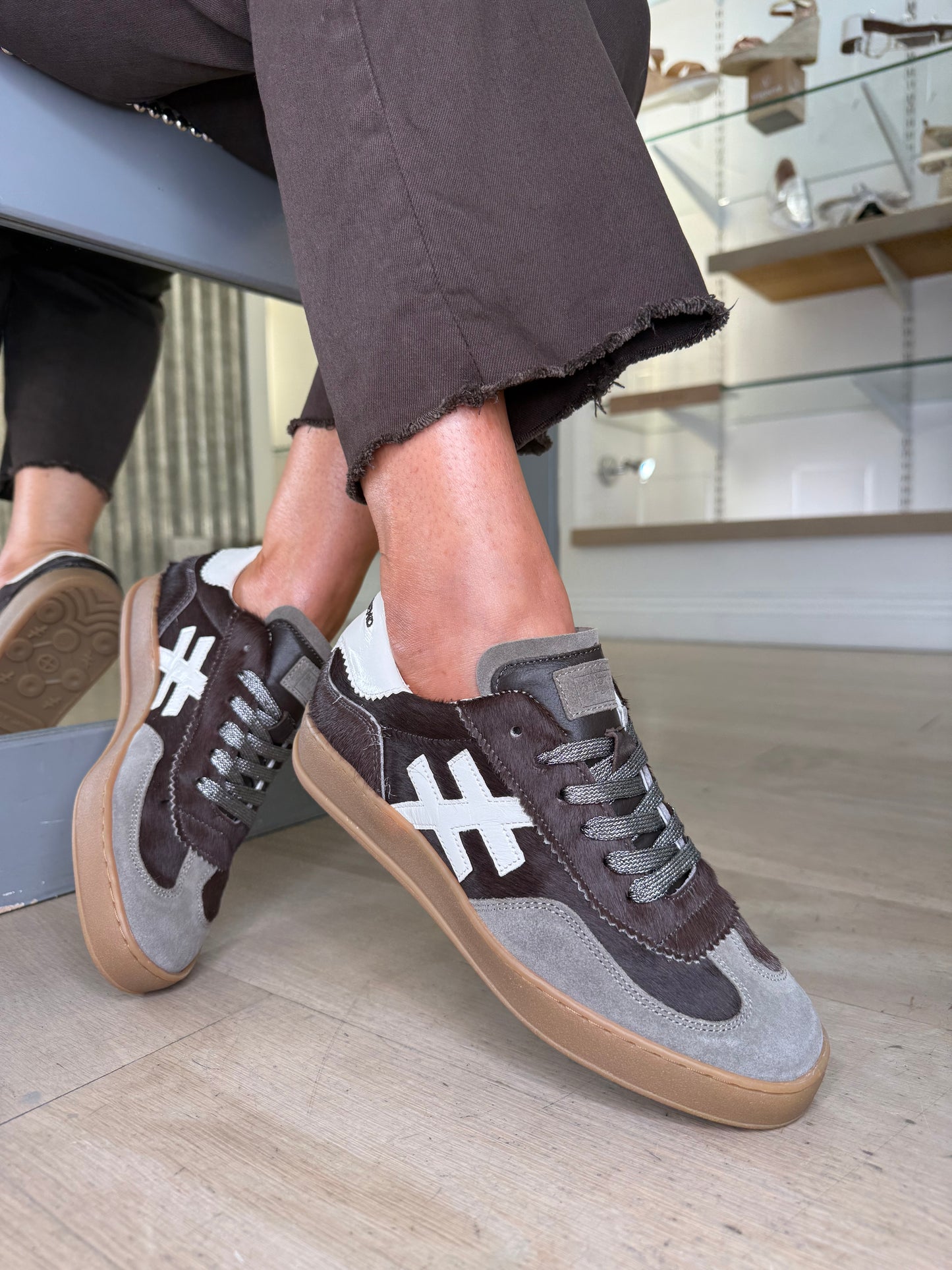 Another Trend -Chocolate Brown Pony Skin Mink Suede Mix Trainer With White Patent Trim