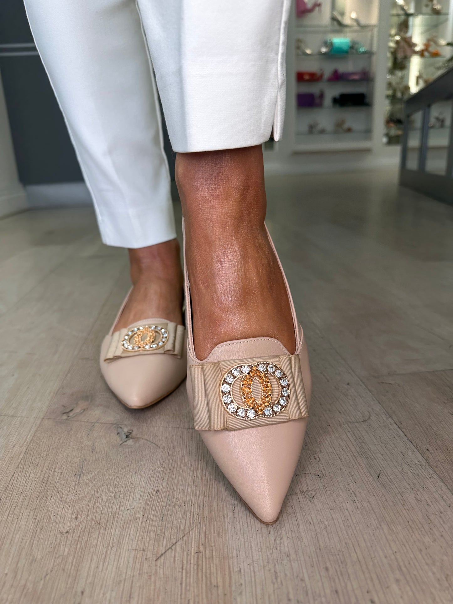 Emis - Rich Beige Pointy Toe Flat Sling Back Shoe With Designer Inspired Trim