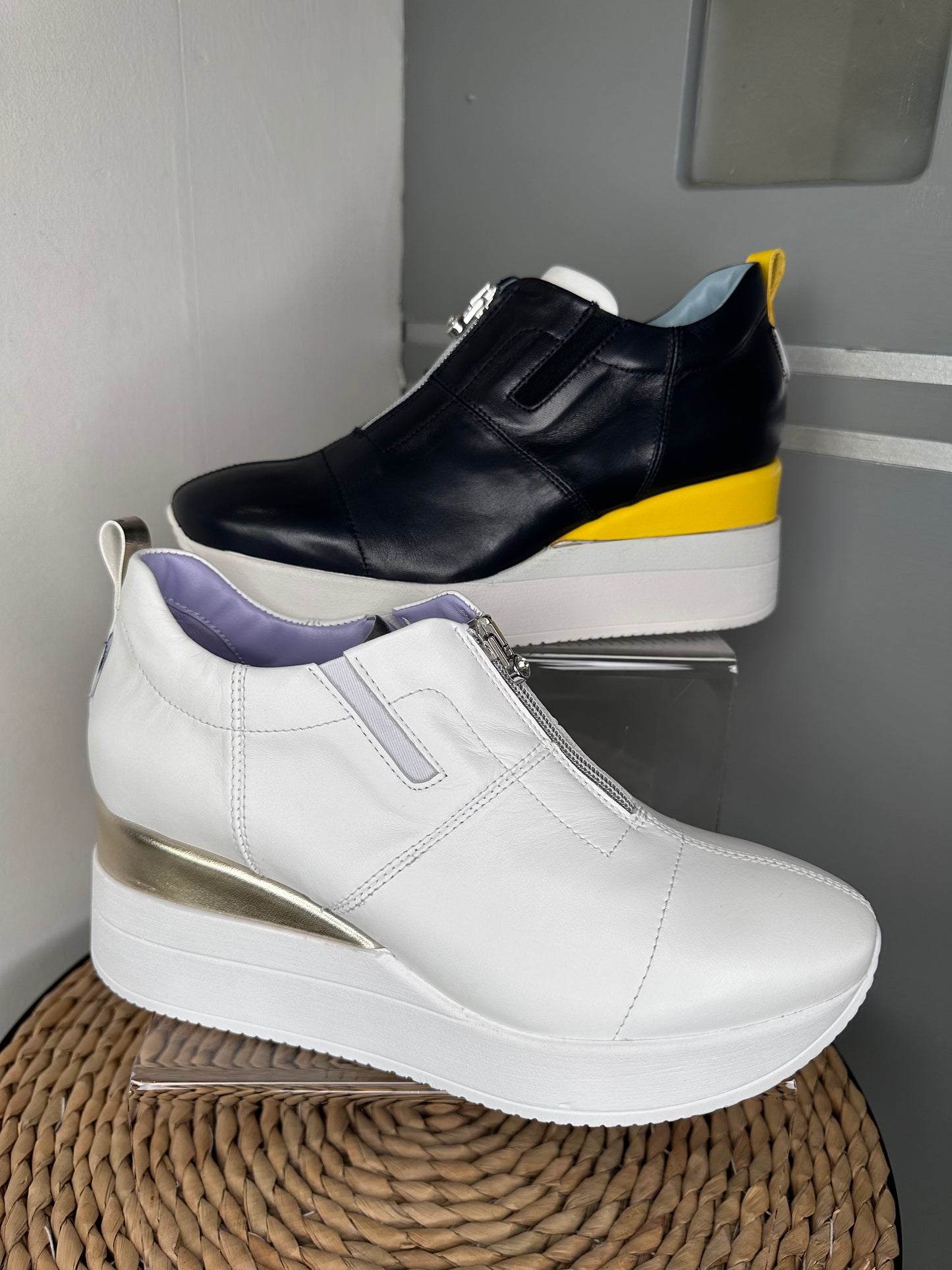 Marco Moreo - Marlies Dark Navy Zip Up Shoe With A Wedge Sole & A White/Yellow Trim
