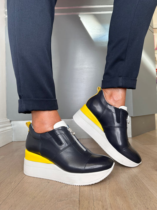 Marco Moreo - Marlies Dark Navy Zip Up Shoe With A Wedge Sole & A White/Yellow Trim