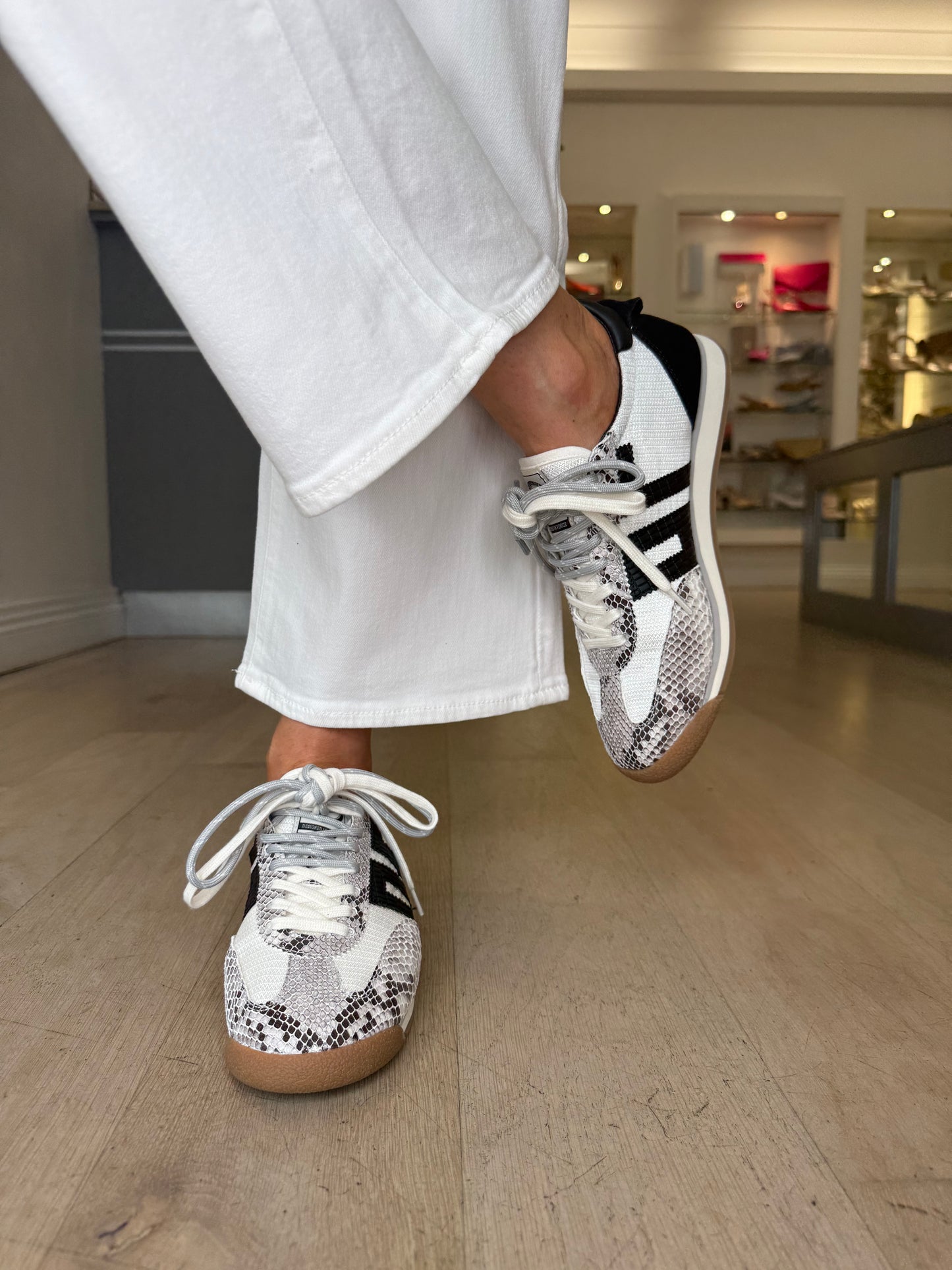 Back 70 -Black & White Snake Print Double Lace Trainer