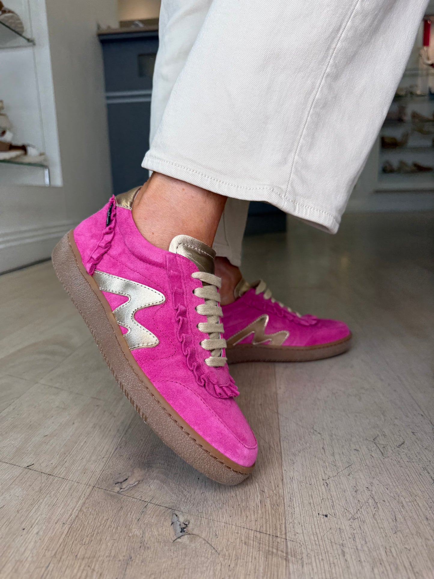 Marco Moreo - Hot Pink Suede Trainer With Soft Bronze Metallic Trim