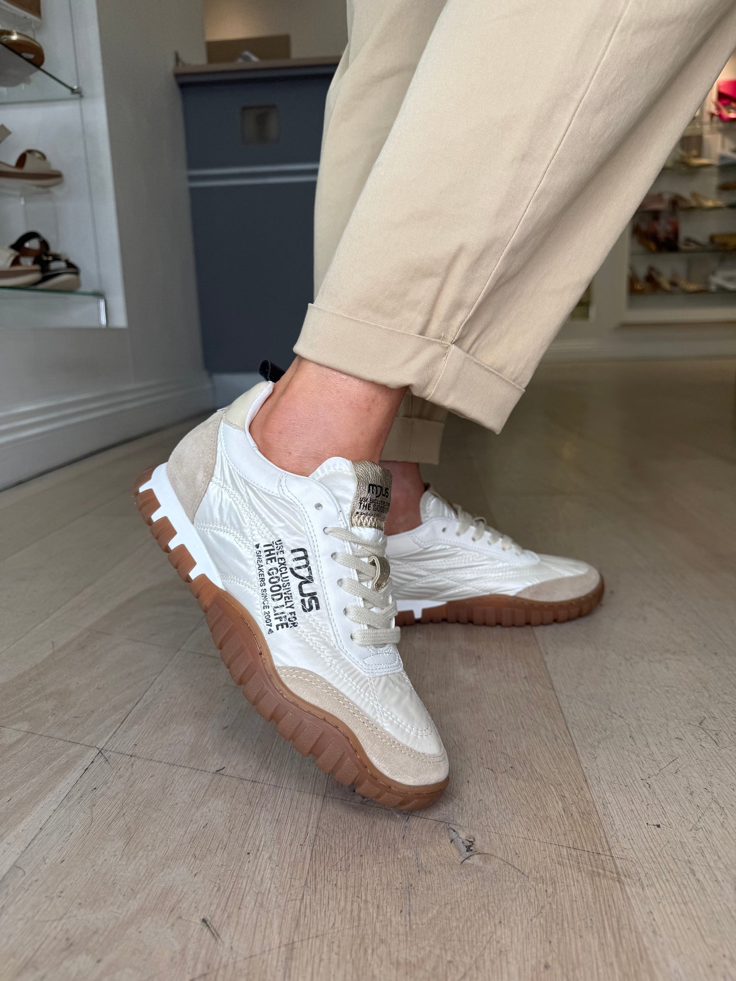 Mjus - Taupe Suede Trainer With Quilted Cream Lace Up Trainer