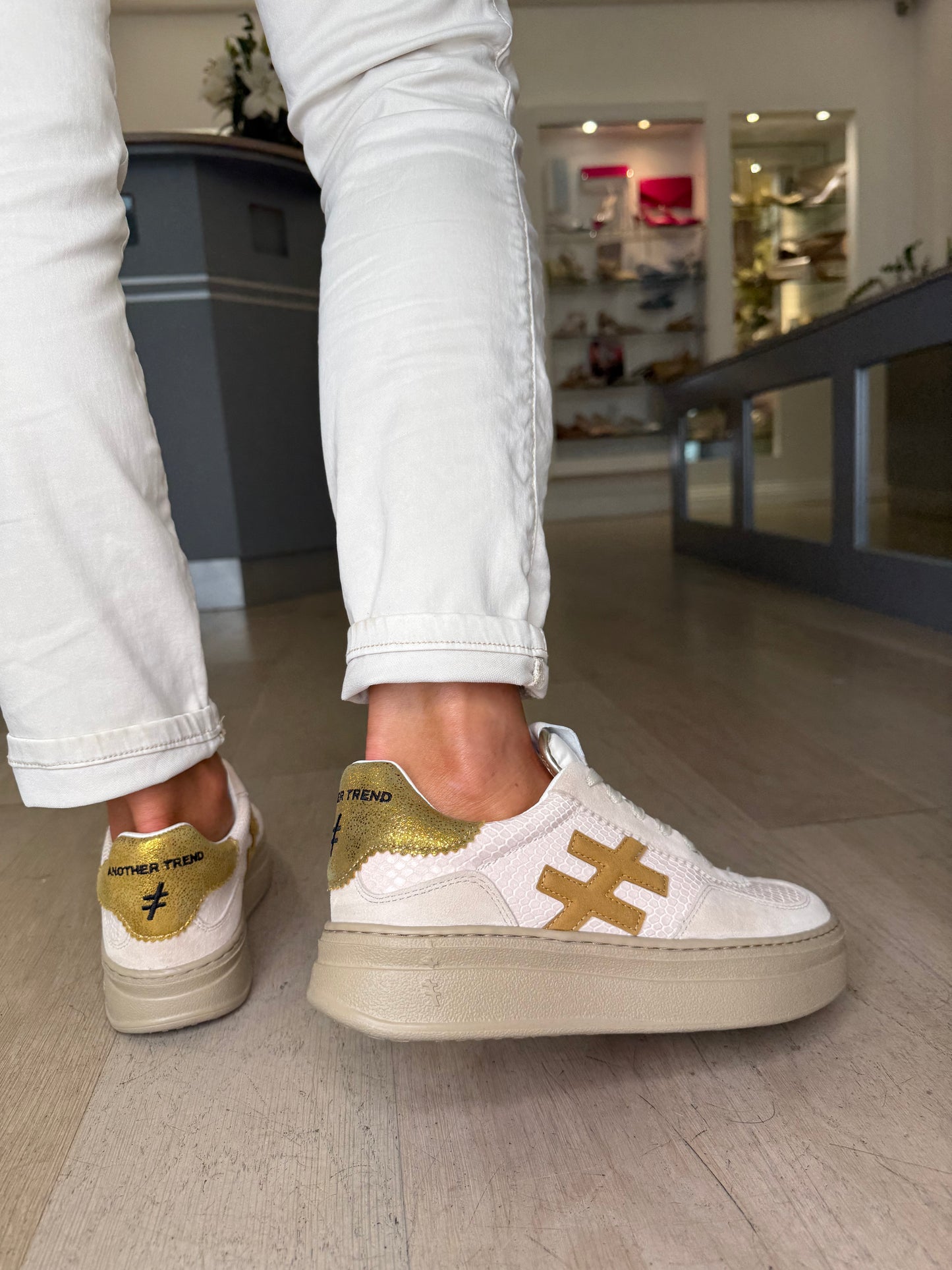 Another Trend - Beige Suede/ Snake Print Flatform Chunky Trainer With Yellow/Gold Trim