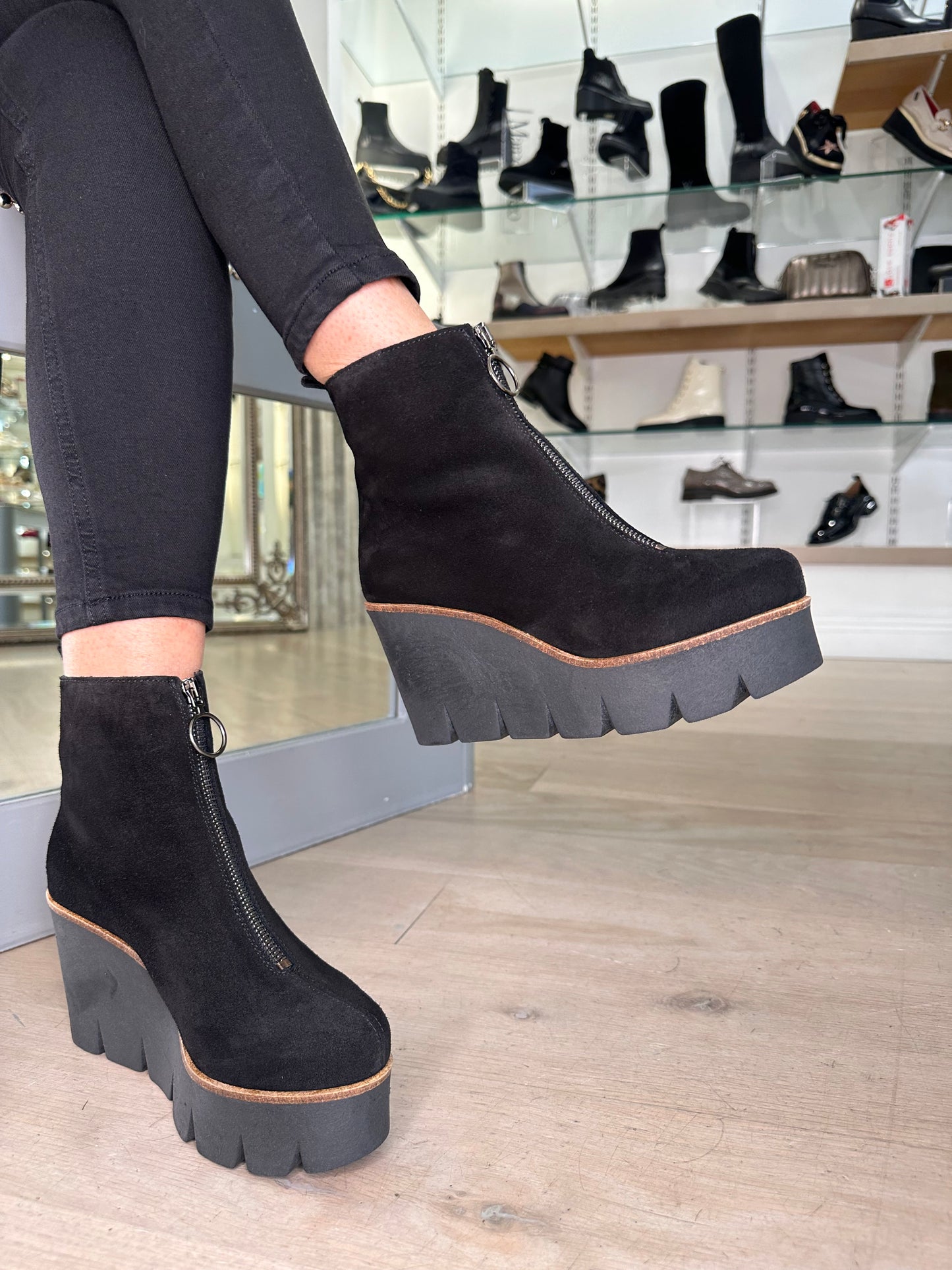 Alpe - Black Suede High Wedge Front Zip Boot