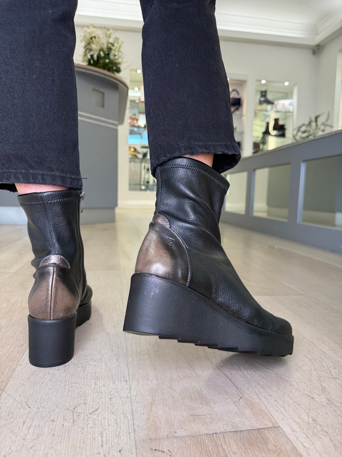 Jose Saenz -Black Stretch Leather Wedge Boot With Soft Bronze & Camel Trim