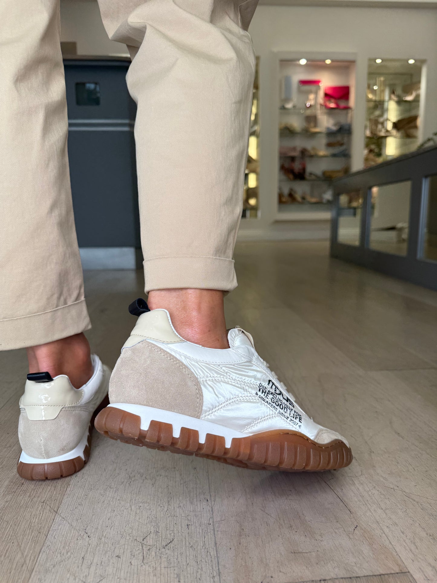 Mjus - Taupe Suede Trainer With Quilted Cream Lace Up Trainer