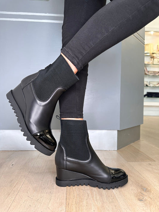 Marco Moreo - Black Nappa Leather Pull On Wedge Boot With Patent Trim