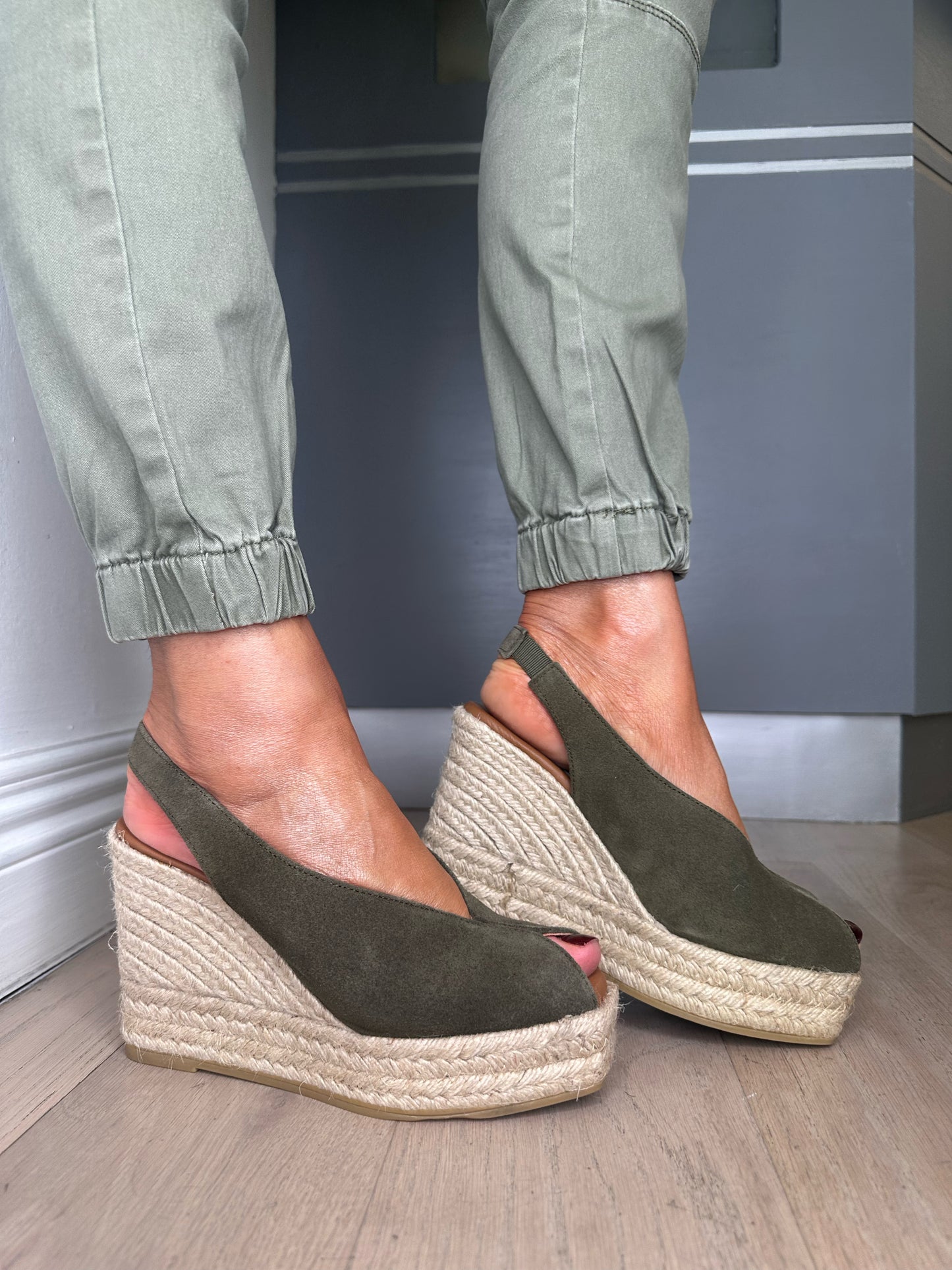 Viguera - Military Green Suede Peep Toe Wedge