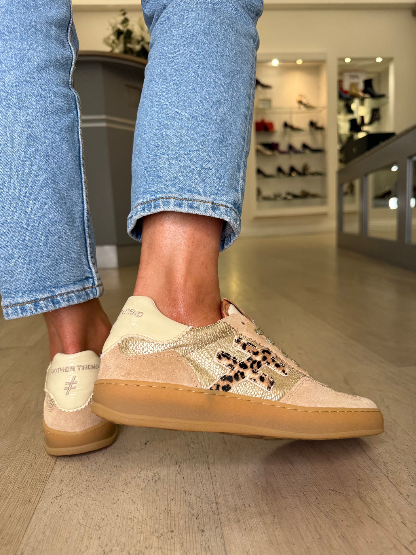Another Trend - Rich Camel Suede Trainer With Gold Snake Print & Leopard Print Trim