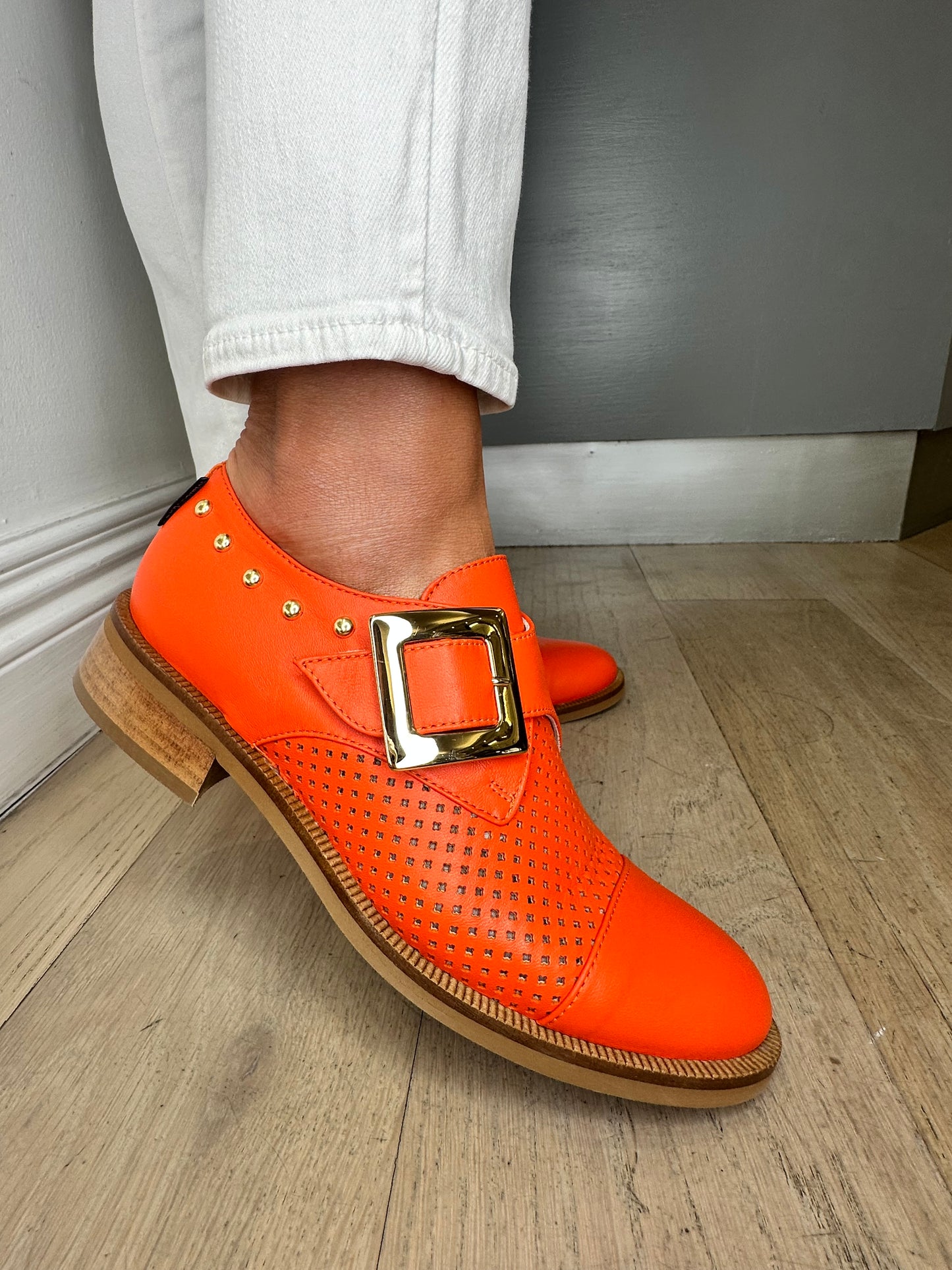 Marco Moreo - Orange Monk Strap Brogue With Gold Buckle & Gold Stud Trim