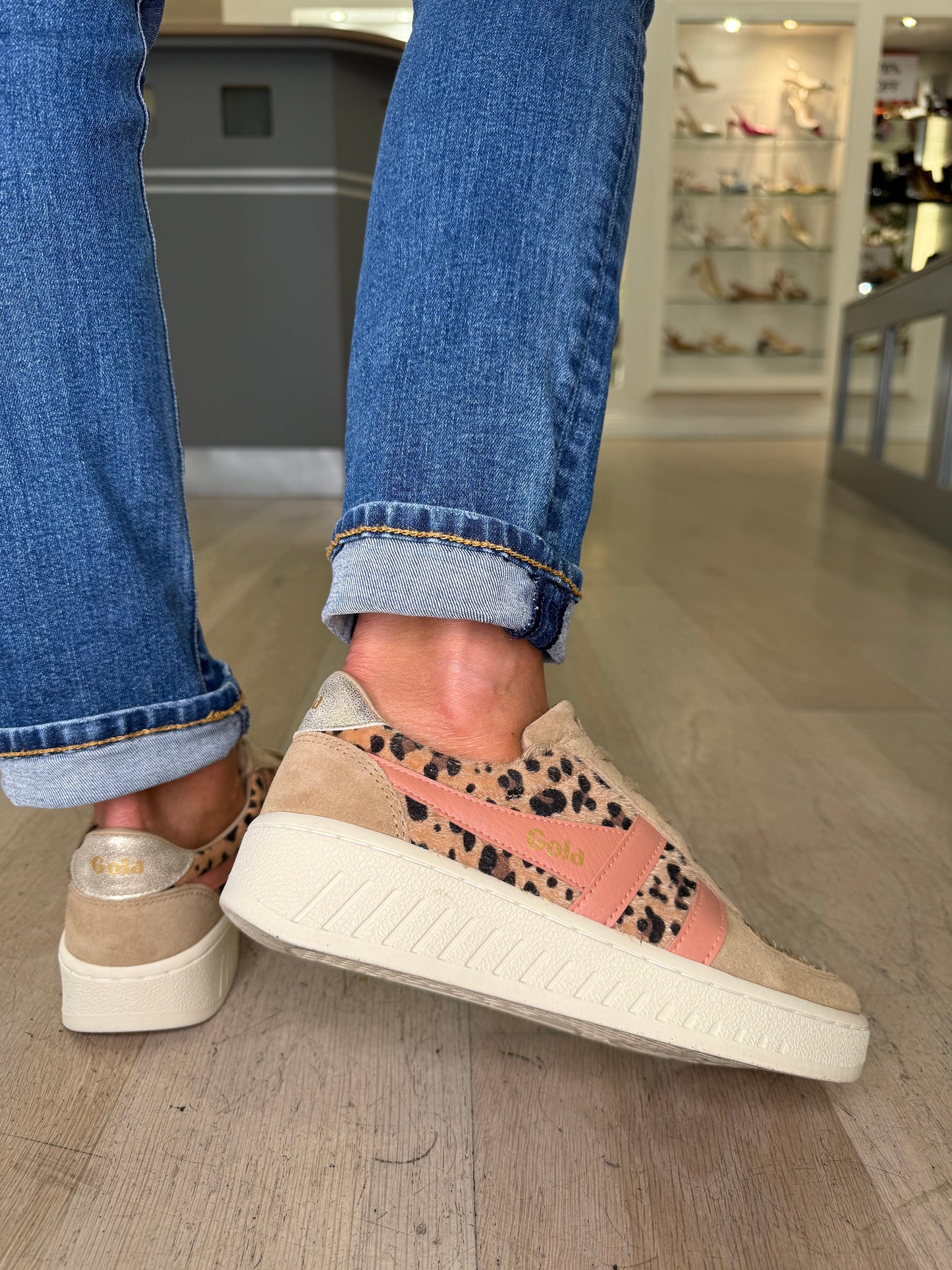 Gola - Grandslam Caramel Suede Trainer With Leopard Print & Coral Trim