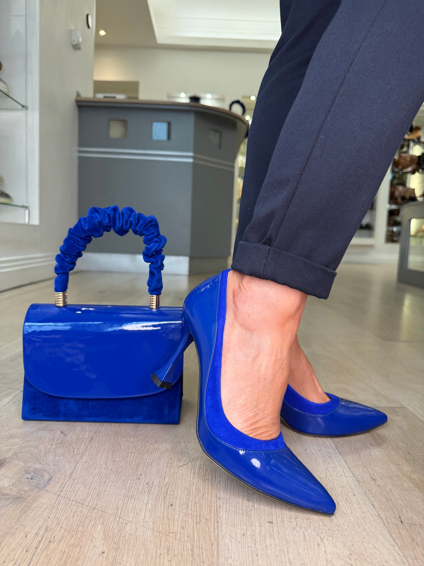 Emis - Cobalt Blue Soft Patent/ Suede Trim Pointy Toe Court Shoe