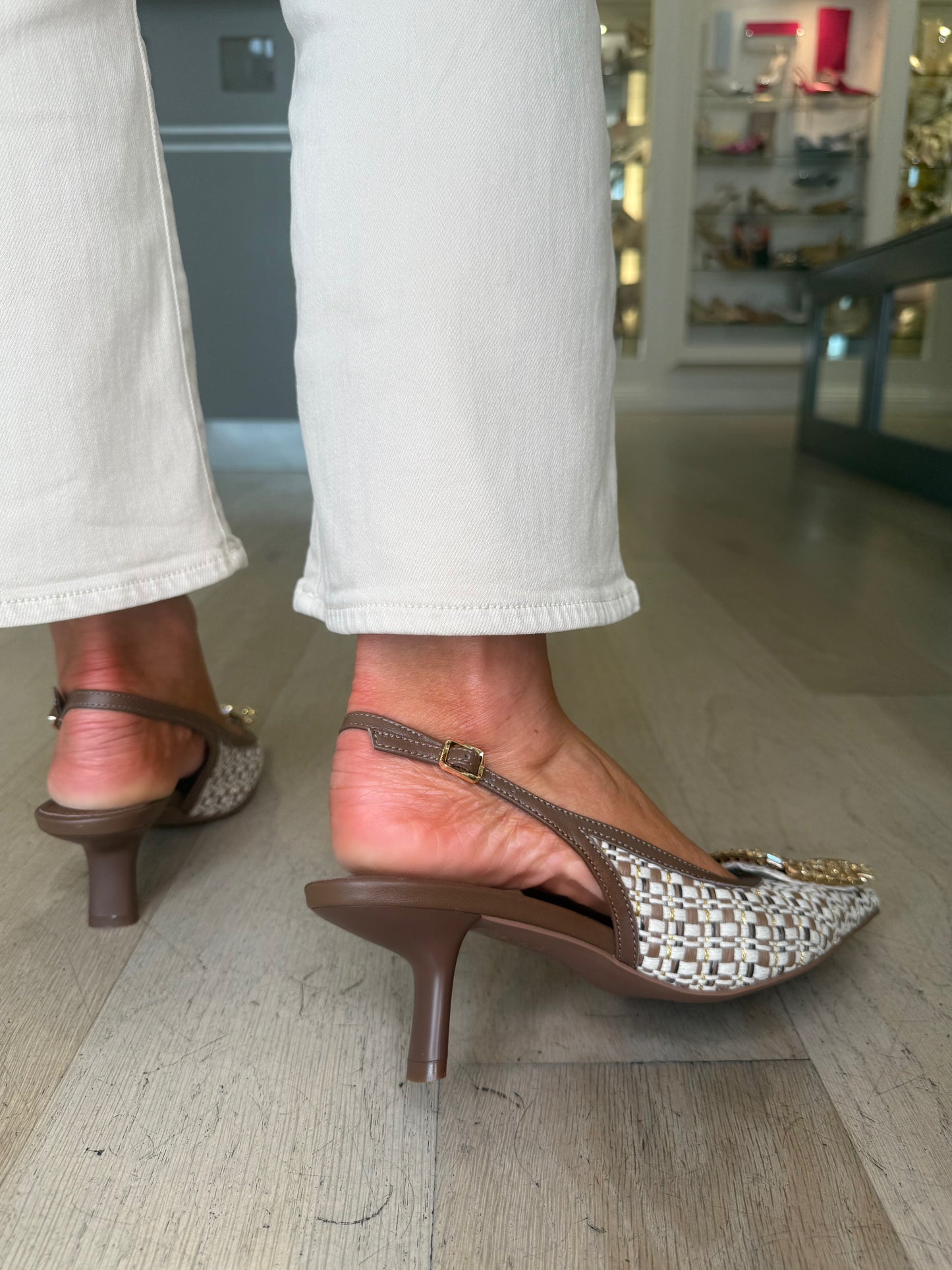 Lodi - Raffia Multi Mocha Pointy Toe Slingback Shoe With Stone Trim